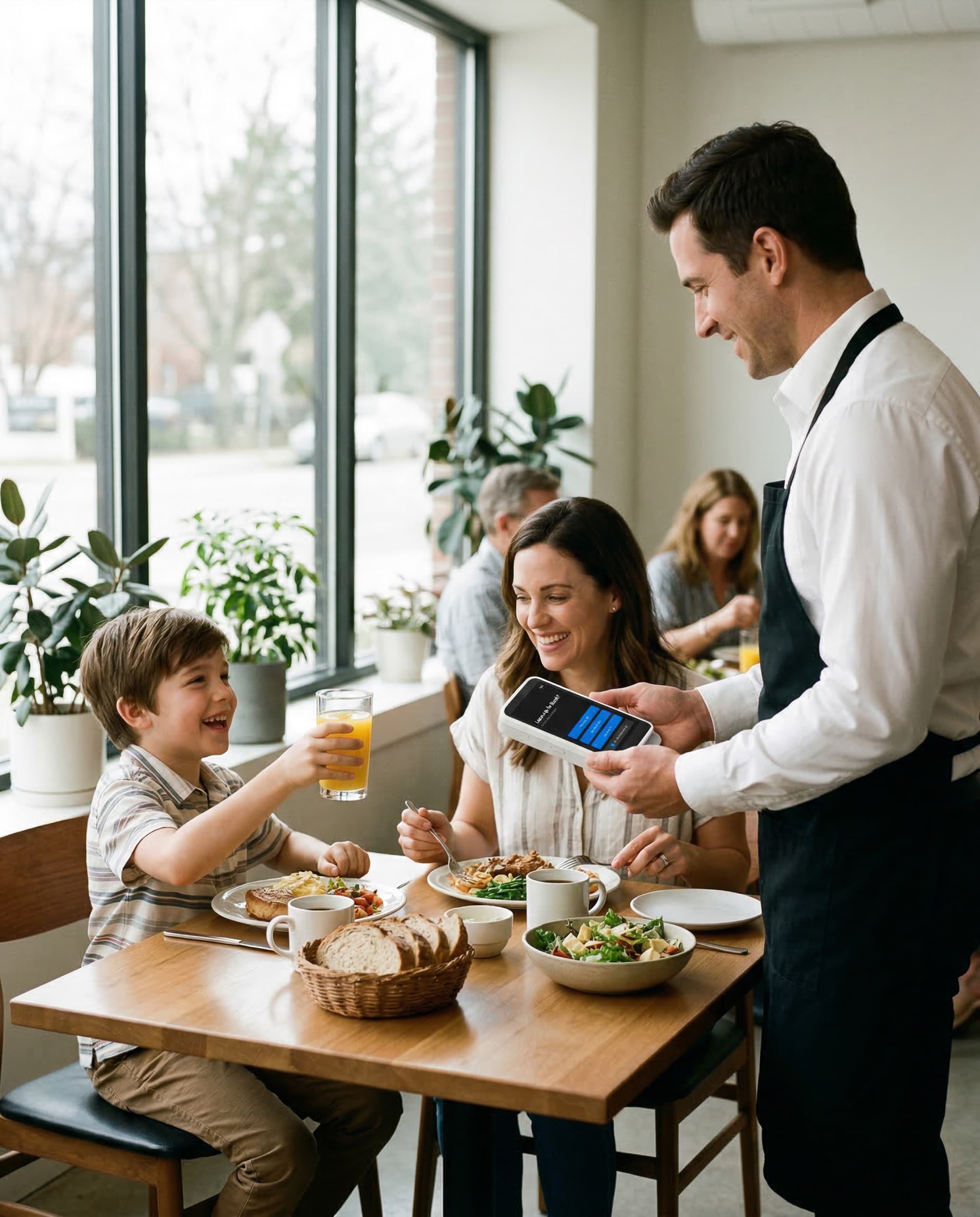 Family at restaurant completing payment with mobile POS