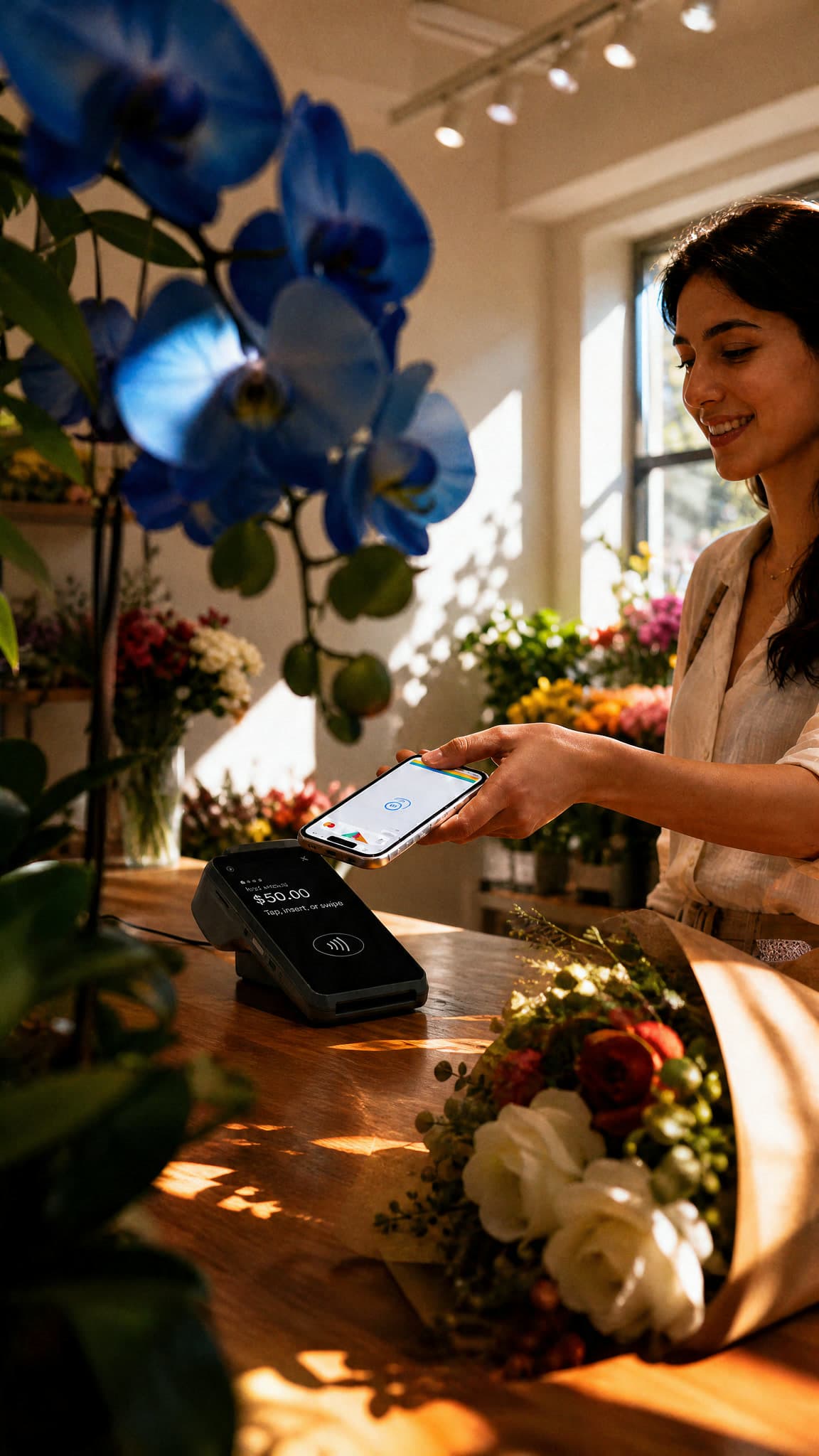 Customer tapping a phone to pay $50.00 on a card terminal at a flower shop counter