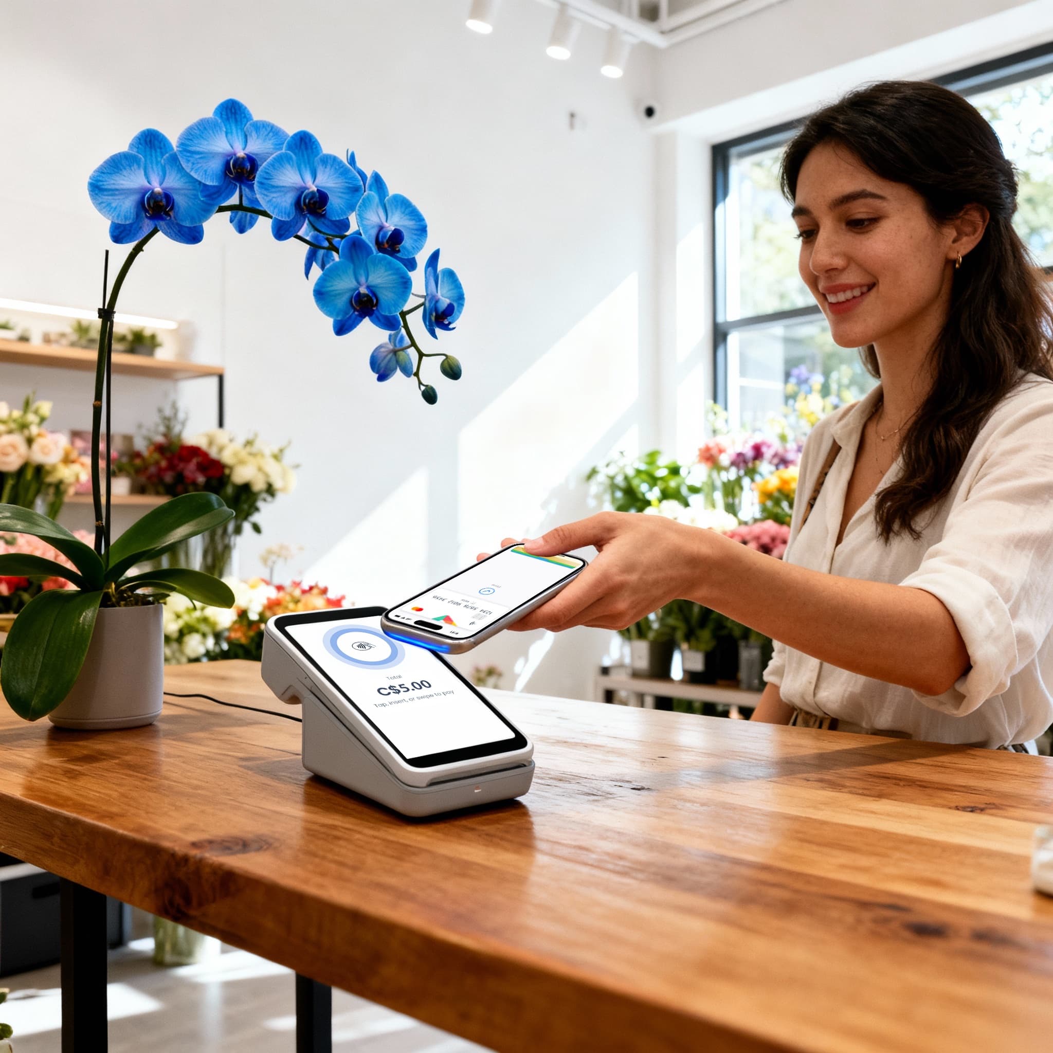 Flower shop with tap-to-pay terminal accepting mobile payment