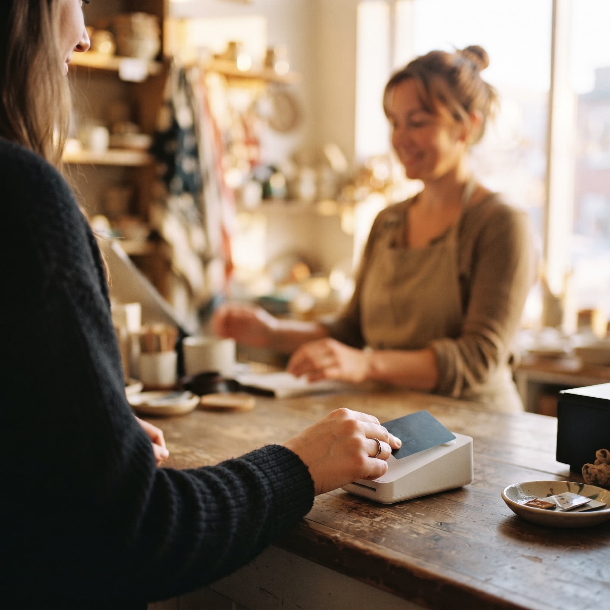 Customer tapping a card on an unbranded payment terminal at a shop counter, the visible tip of payment infrastructure
