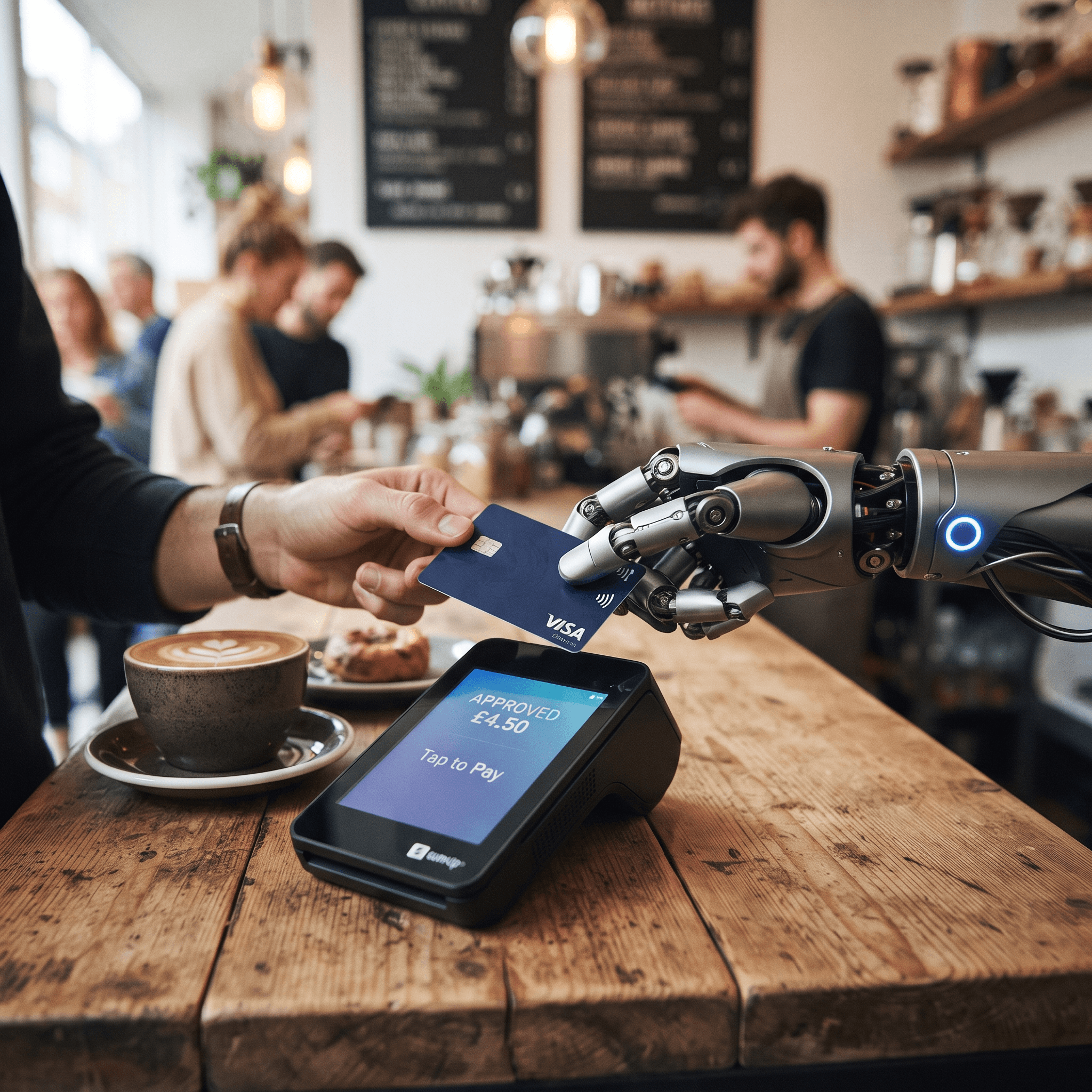 Chip card inserted into an unbranded certified card reader beside a phone running a checkout, the moment a Gemini 3.6 Flash POS draft meets a real payment