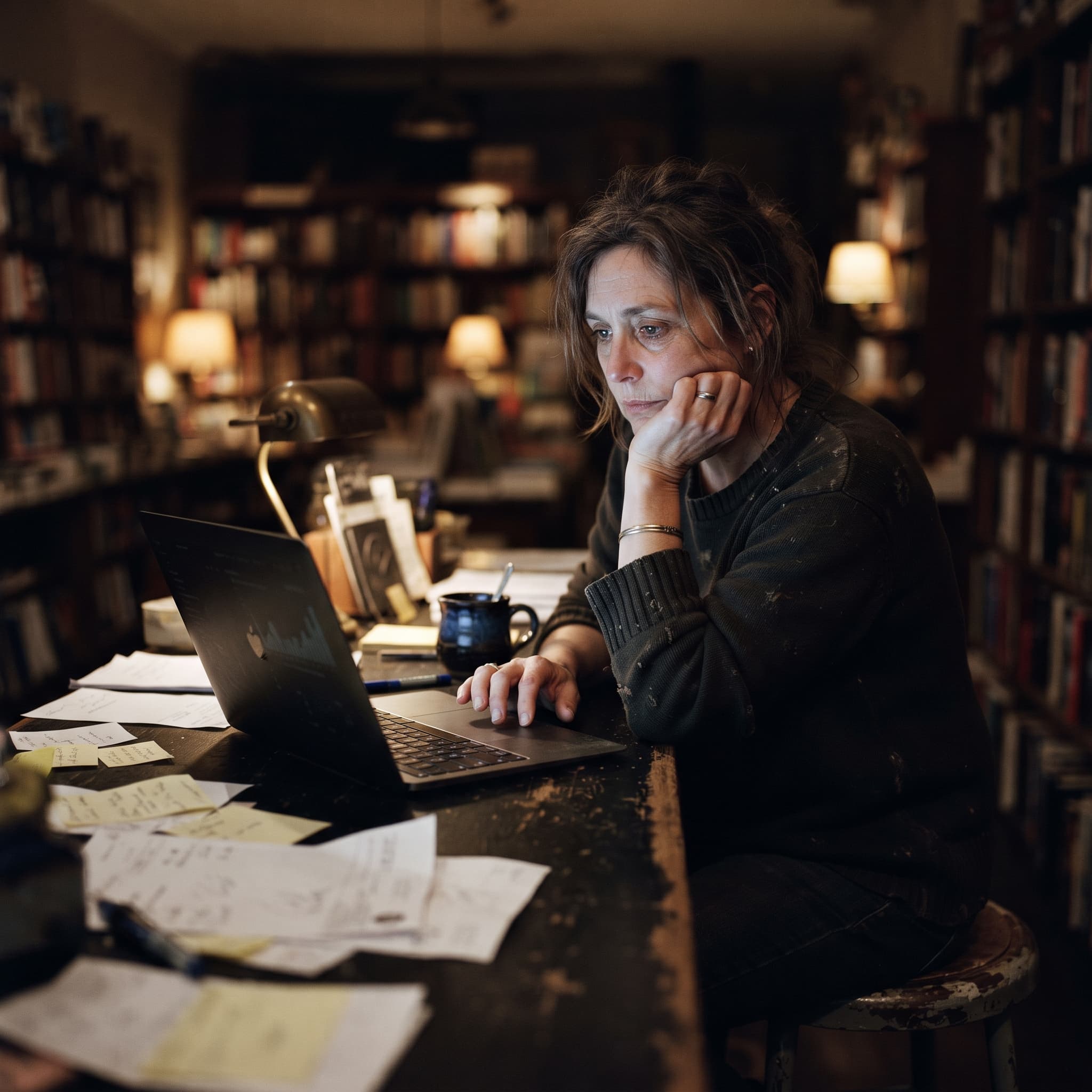 Store owner exporting CSV files from the POS on a laptop late at night after closing