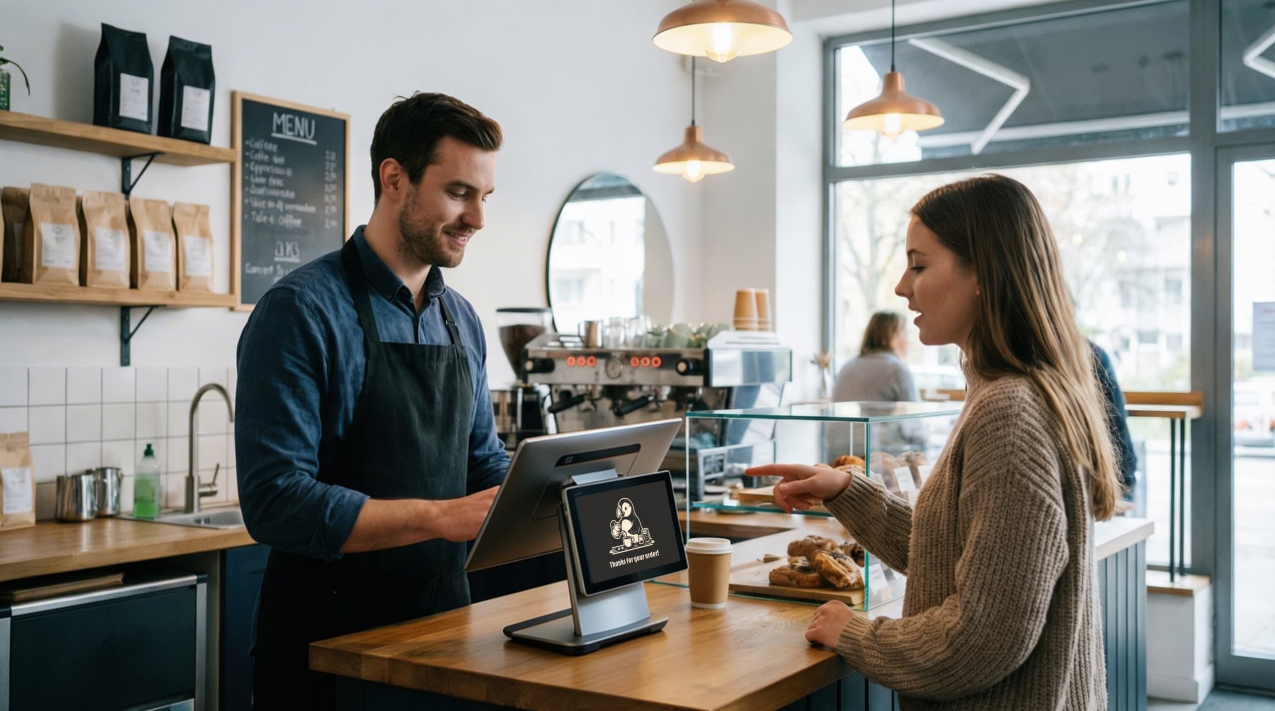 Self-checkout kiosk built with Final POS at a restaurant counter