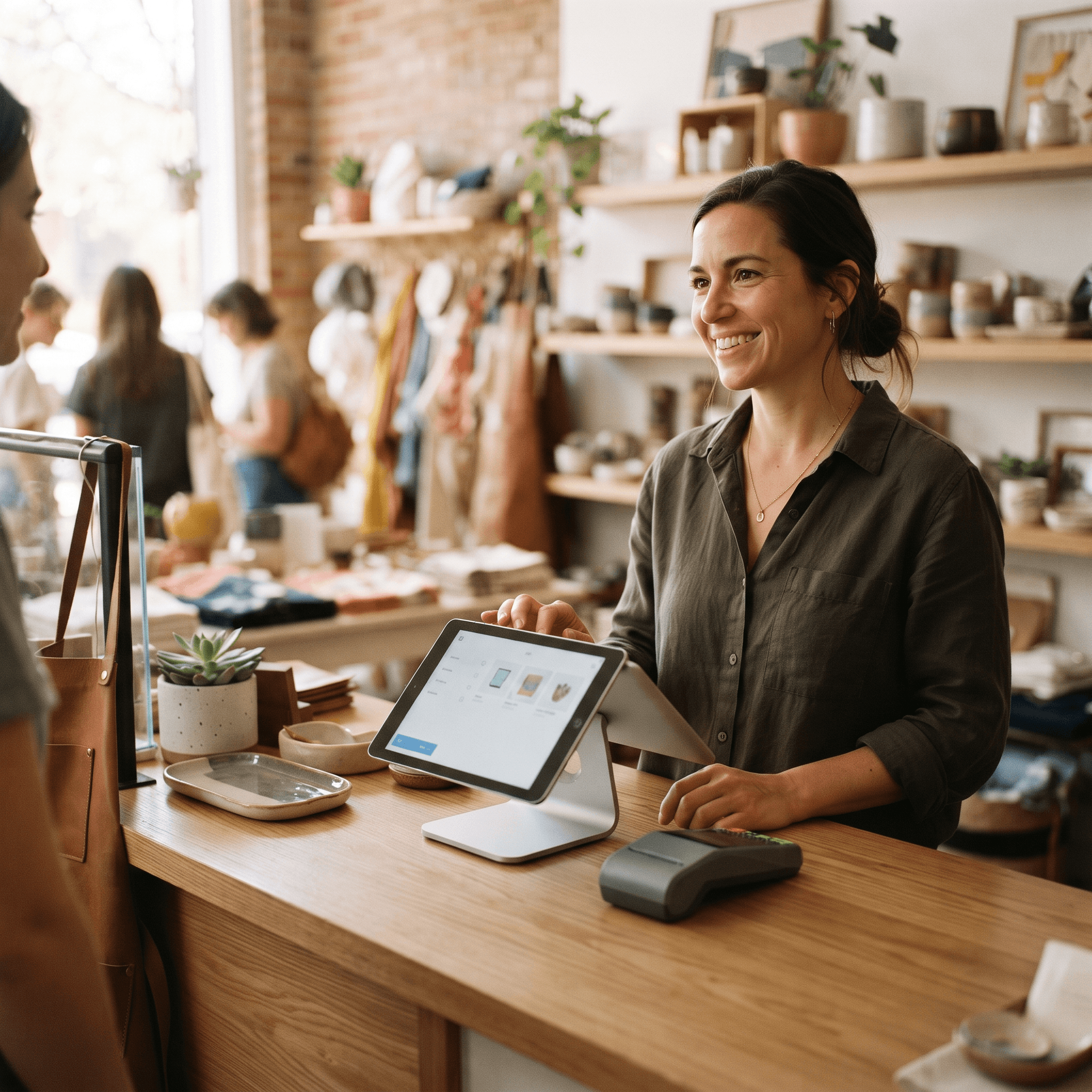 Merchant at a shop counter with a tablet POS, reflecting POS feature trends merchants asked for in 2026
