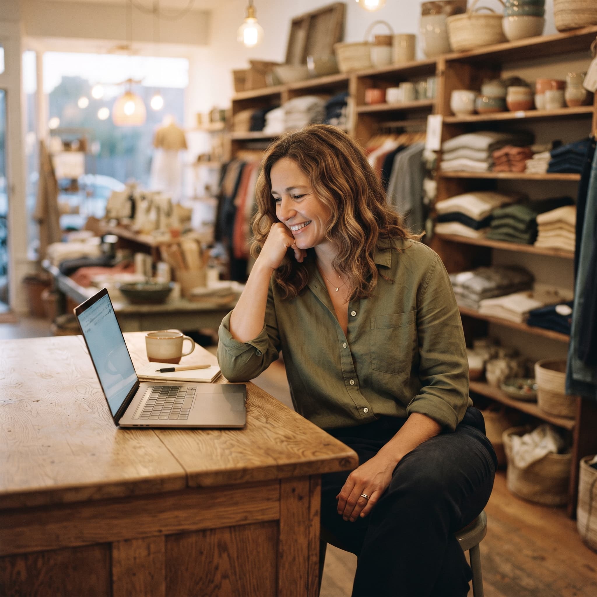 Retail shop owner at her counter with a laptop, handing routine retail tasks to AI