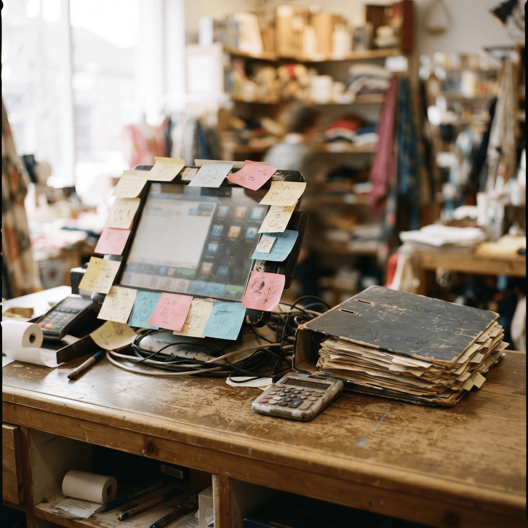 Shop counter with an off-the-shelf POS buried under sticky notes and workarounds