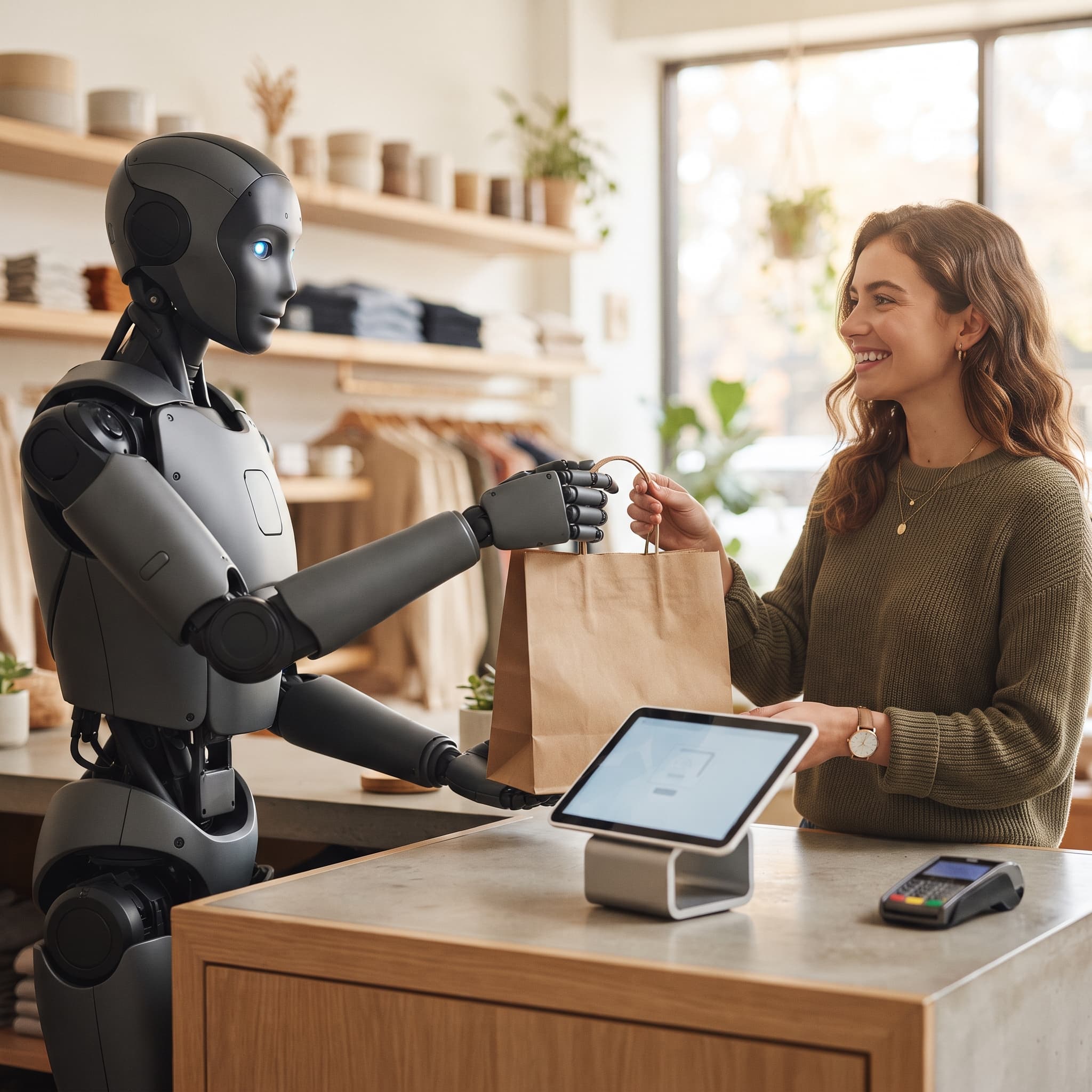 An AI agent at checkout: a humanoid Atlas-style robot serving a customer at a retail counter, handing over a shopping bag