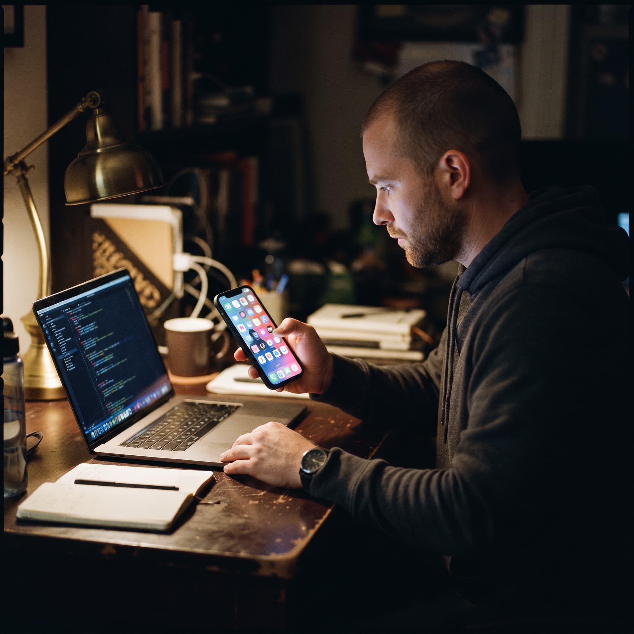Founder preparing to launch a vibe-coded app on the app store, reviewing it on a phone at a desk