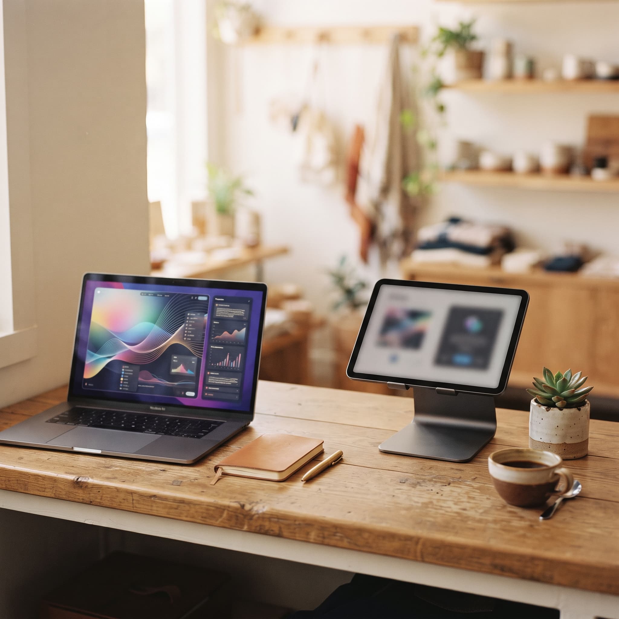 Building a no-code custom POS with Gemini 3.6 Flash: laptop with AI chat beside a tablet register on a shop counter