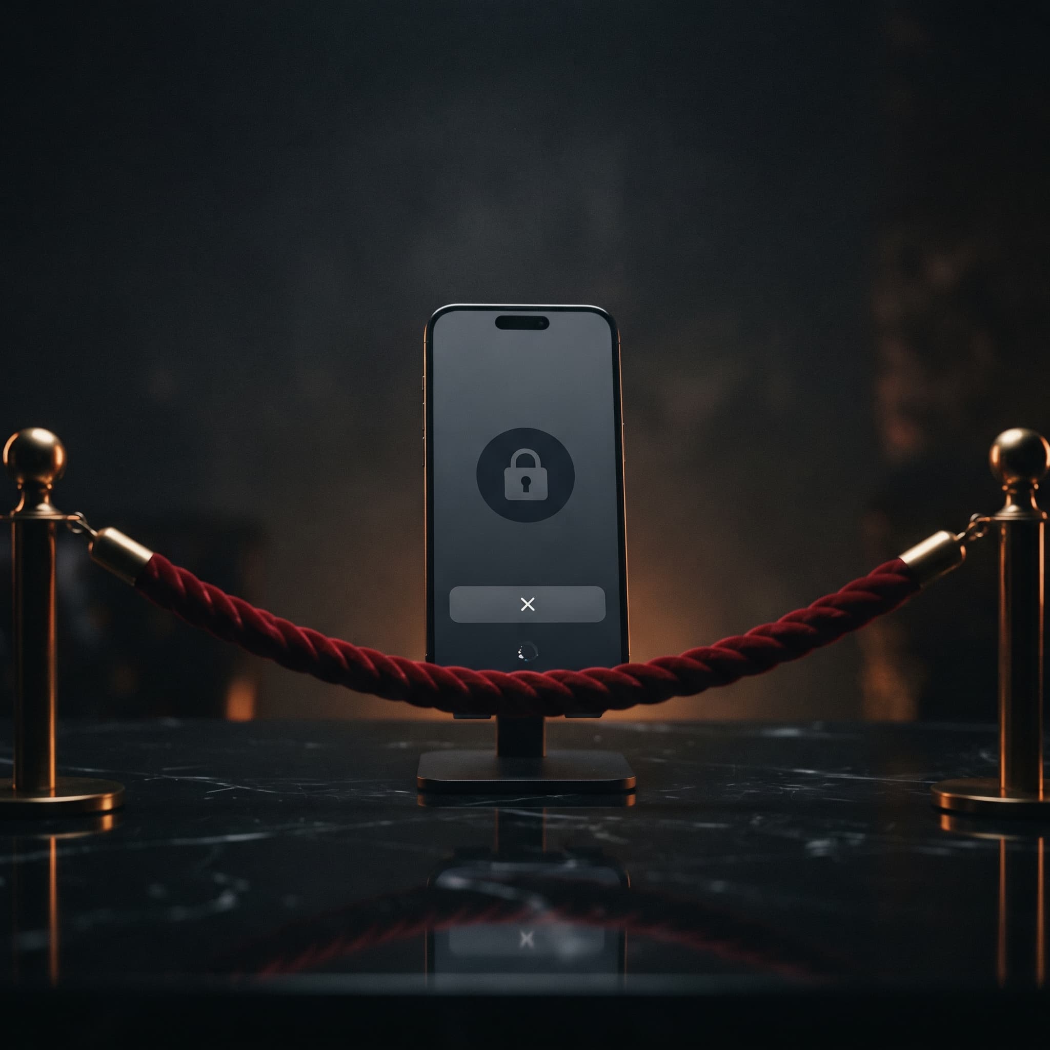 Smartphone with a checkout screen blocked behind a velvet rope, illustrating why vibe-coded payment apps get rejected from the App Store