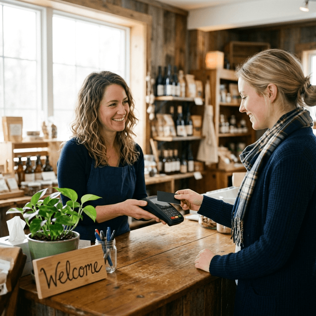 Customer tapping a debit card on a payment terminal at a Canadian storefront counter, the Interac debit moment web checkouts miss
