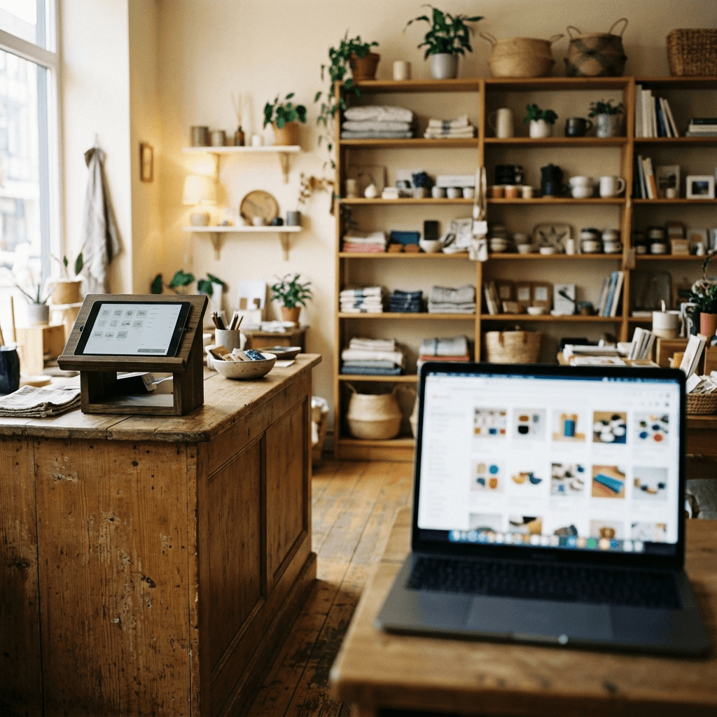 Retail counter with a tablet point of sale beside a laptop showing an online store, illustrating syncing in-store and online inventory with WooCommerce