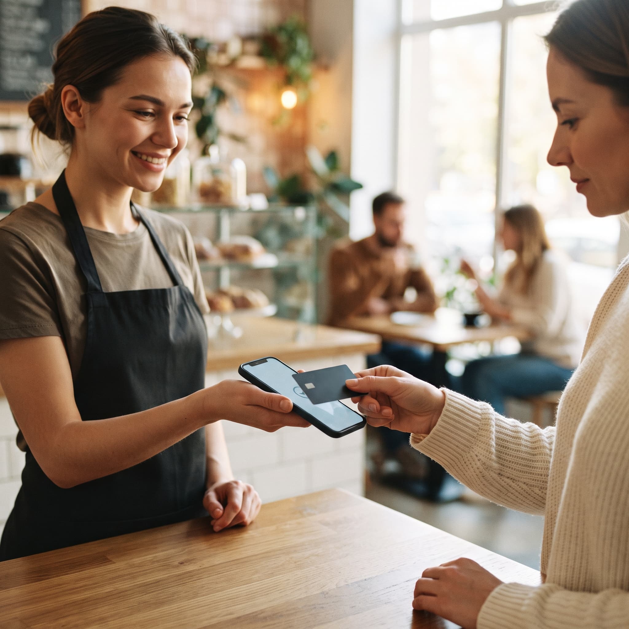 Zákazník přikládá bezkontaktní kartu k telefonu obchodníka u kavárenského pultu, ukazující Tap to Pay v AI POS toku
