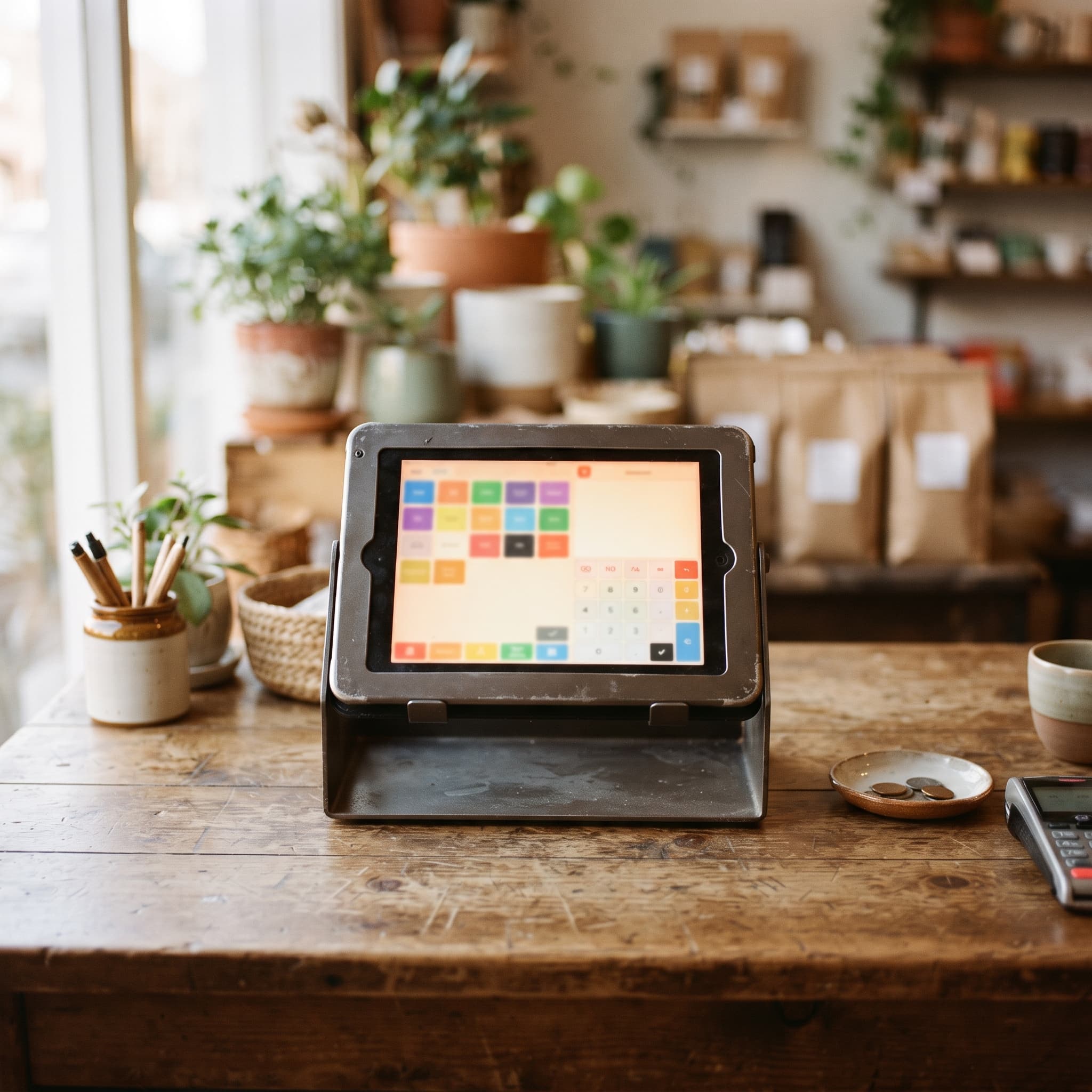 Παλιό tablet που επαναχρησιμοποιείται ως ταμείο σε πάγκο μικρού καταστήματος, εμφανίζοντας την οθόνη πληρωμής σε βάση