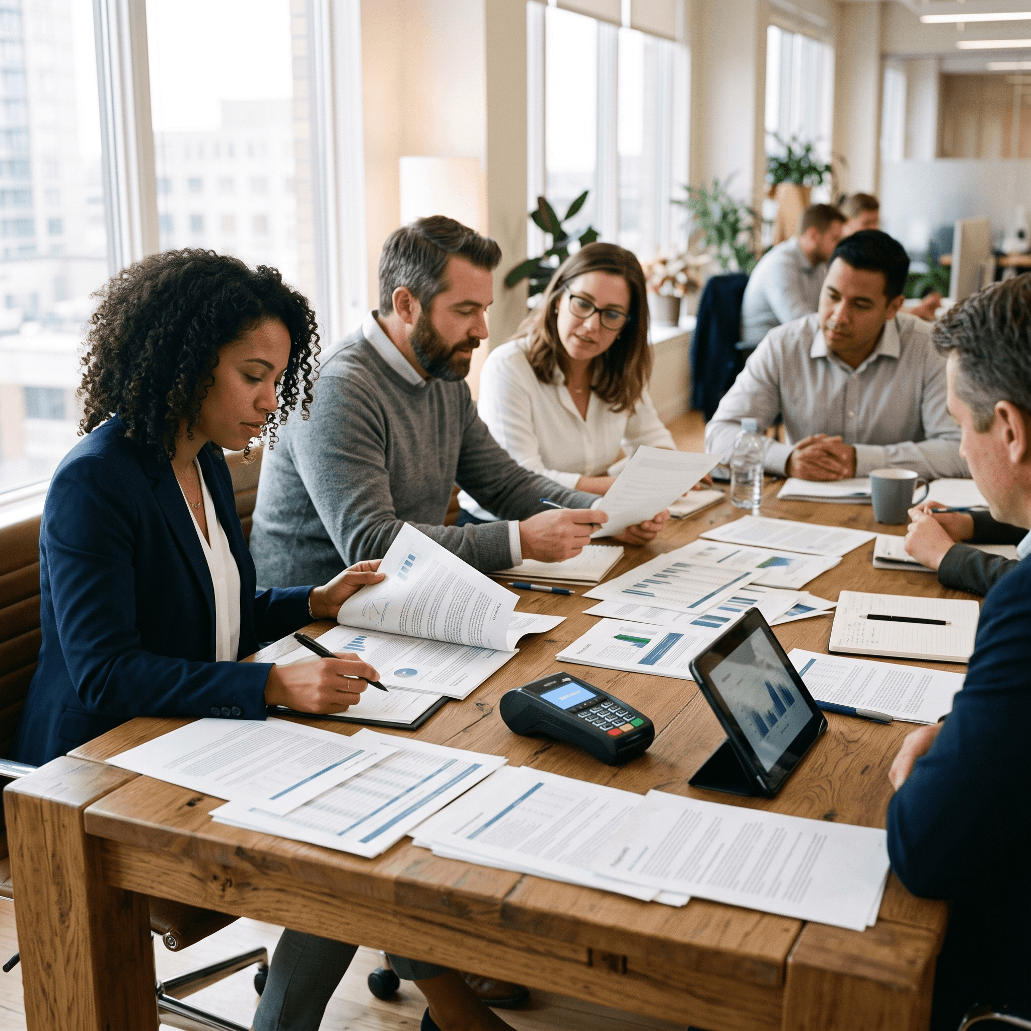 Franchise POS RFP review: operations team comparing vendor proposals around a conference table