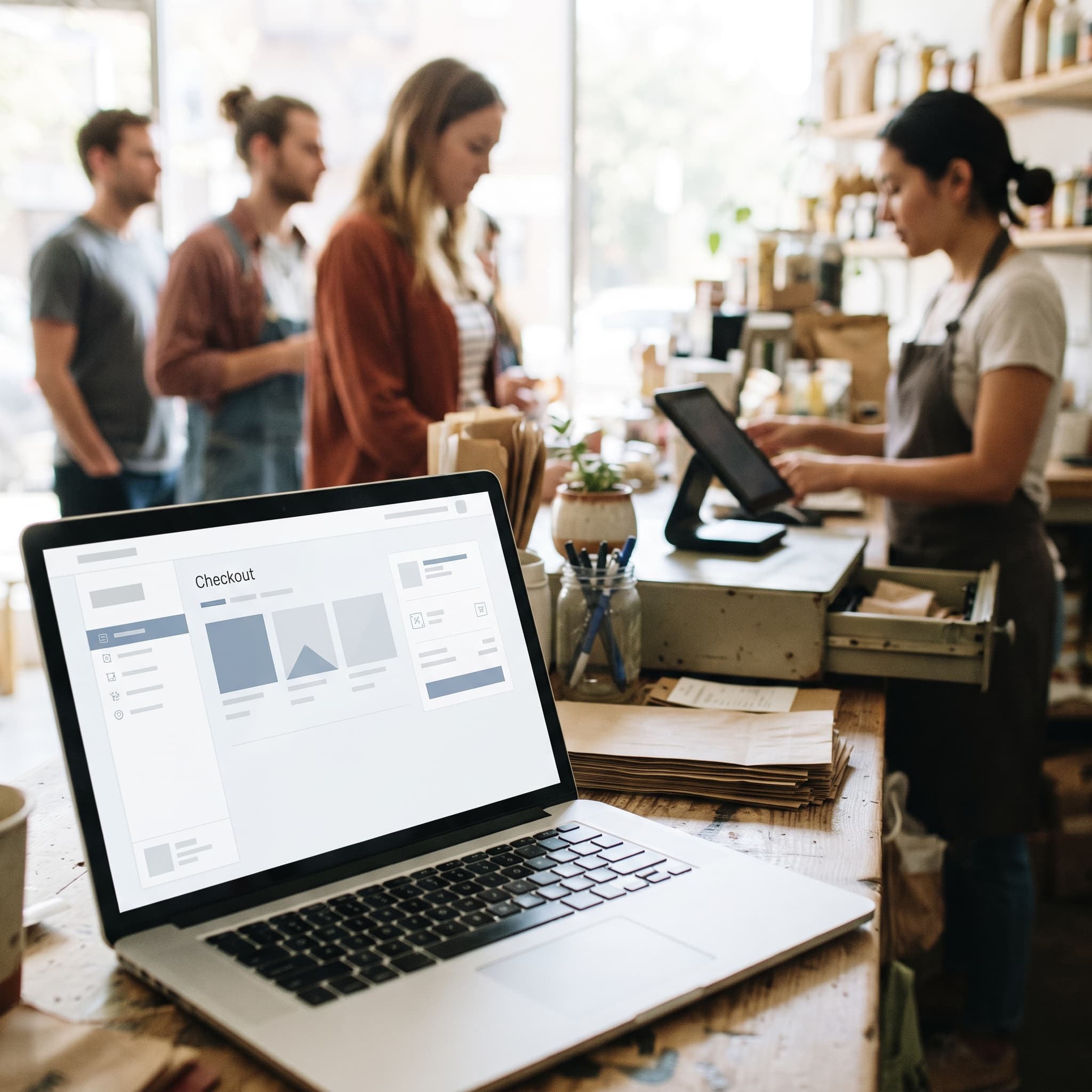 Polished AI demo checkout on a laptop in front of a busy real store counter, showing what AI gets wrong when designing a checkout