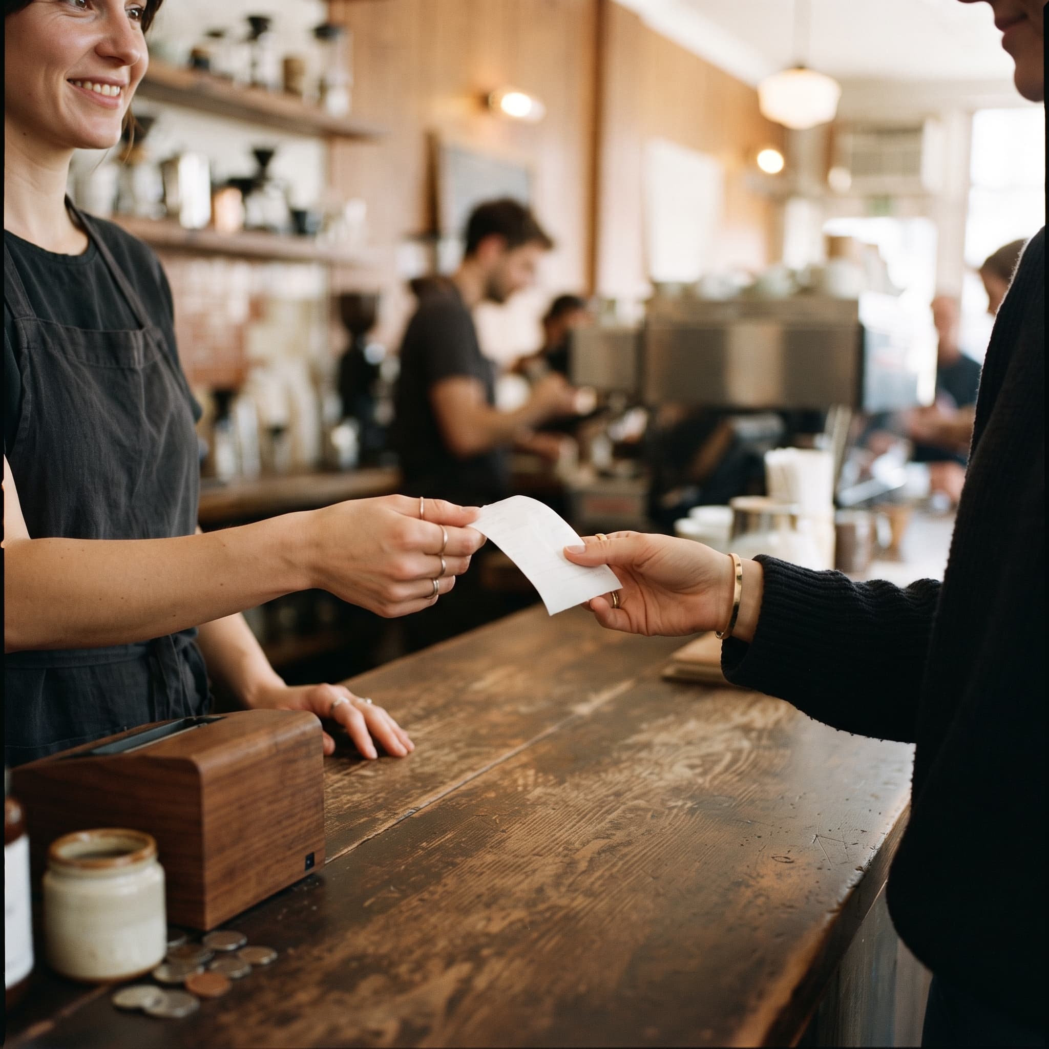 Cashier handing a printed receipt to a customer at a cafe counter, the moment receipts as marketing begins