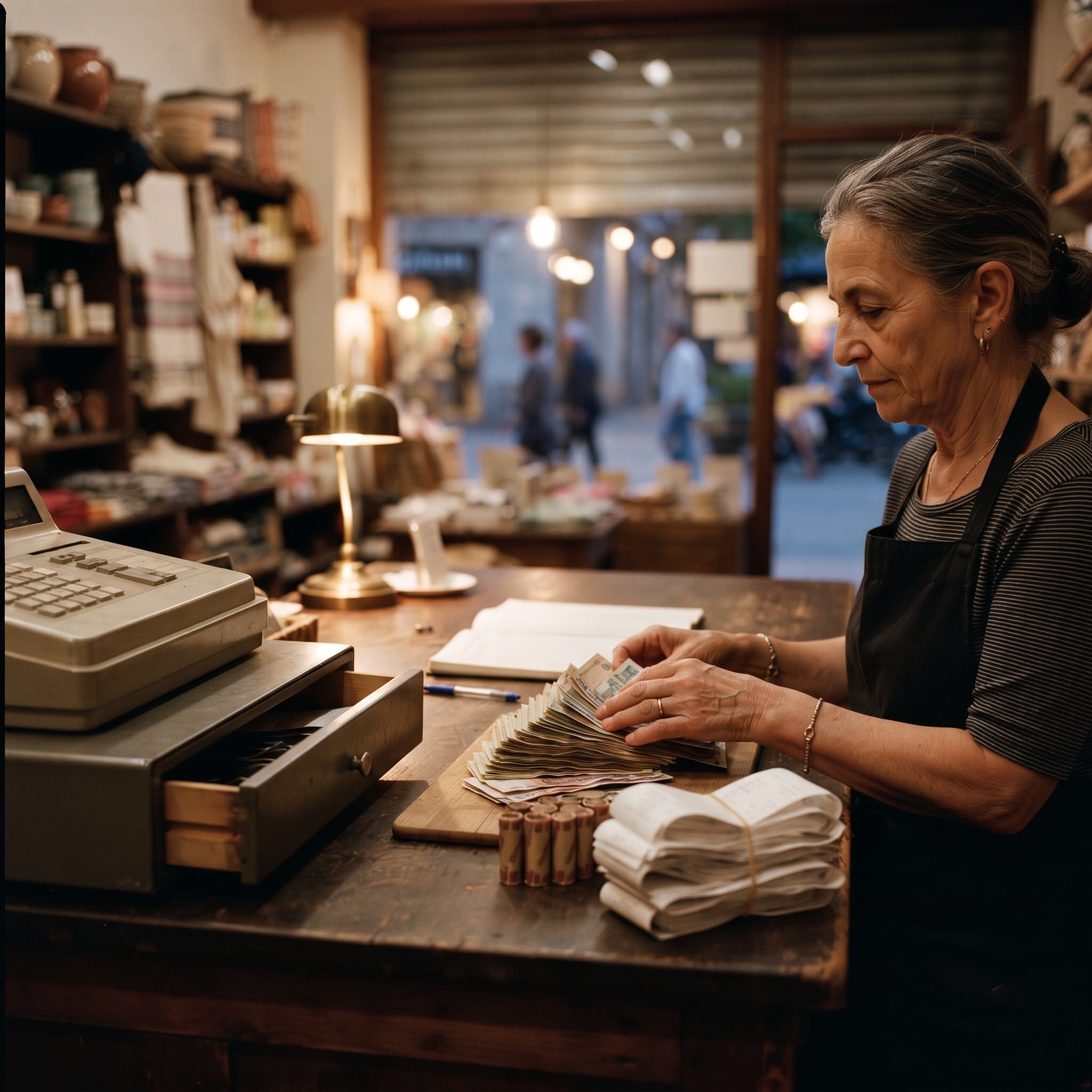 Shop owner counting cash and reviewing end-of-day numbers after closing, the moment an X report vs Z report comparison matters