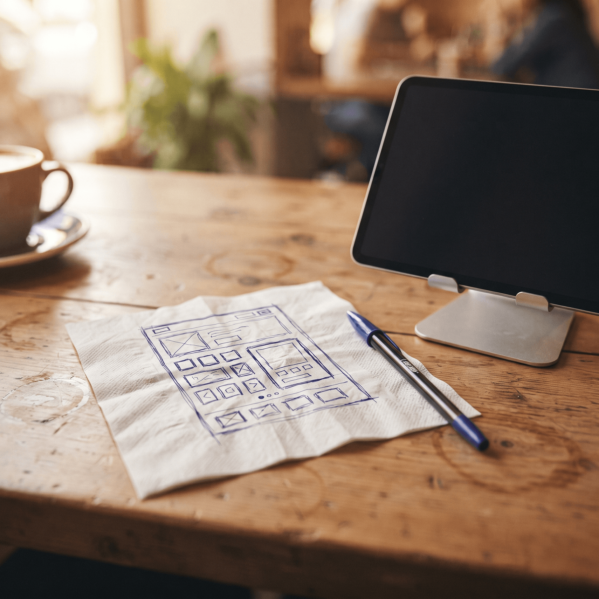 Napkin sketch of a checkout layout next to a tablet, ready to become a tablet kiosk