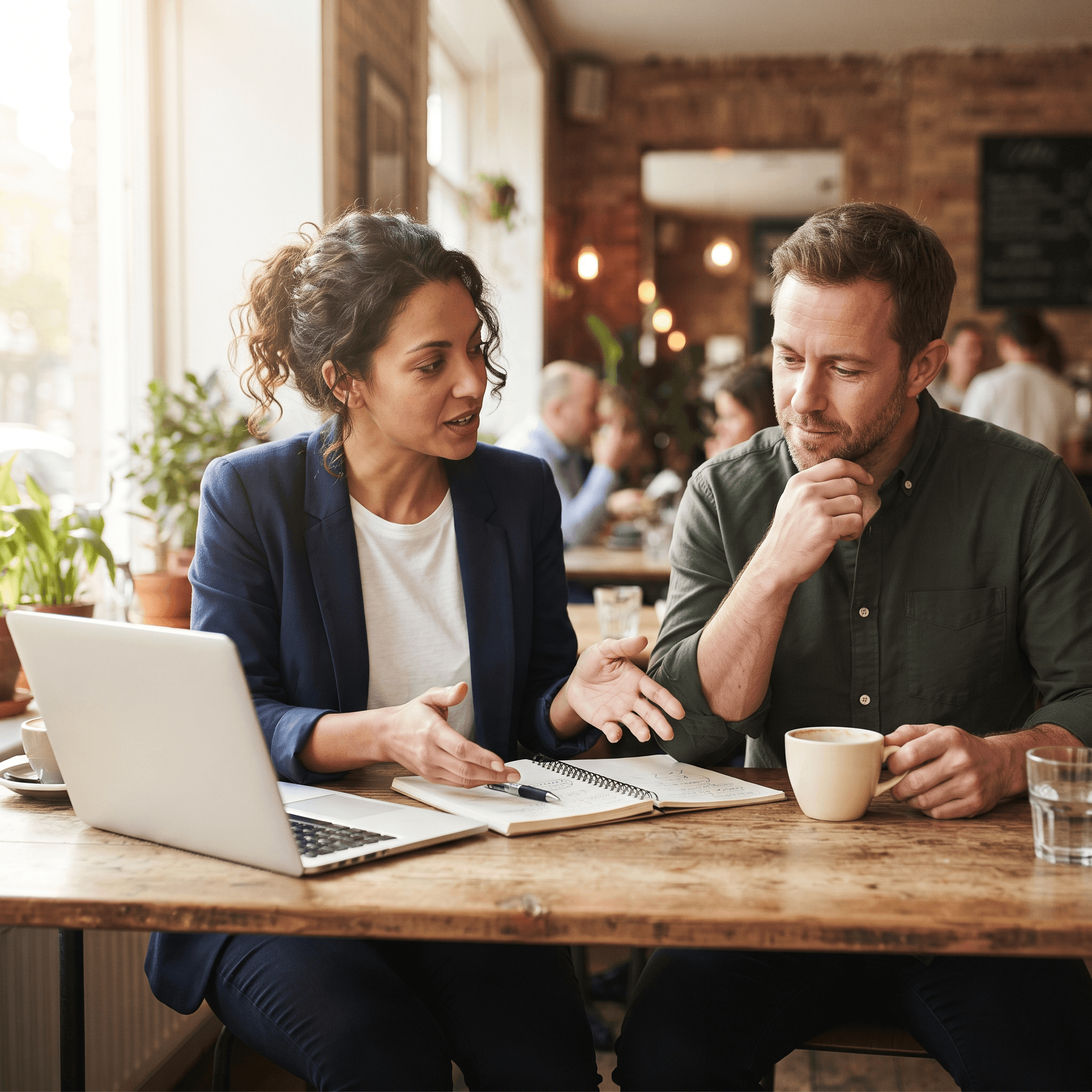 An aspiring AI consultant explains key AI terms to a small business owner at a meeting table