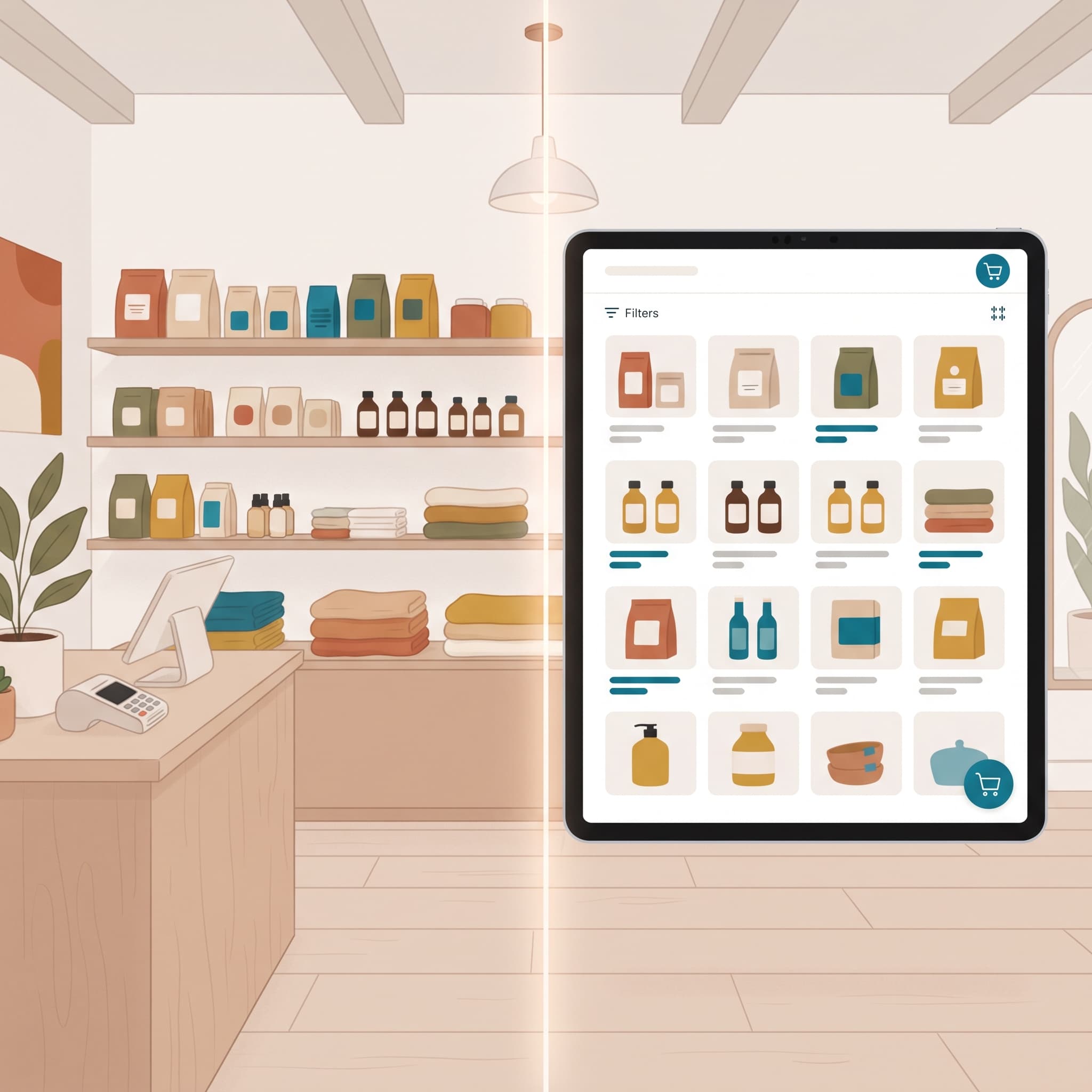 One store shown as two halves: a physical counter and its online storefront sharing the same shelf of products