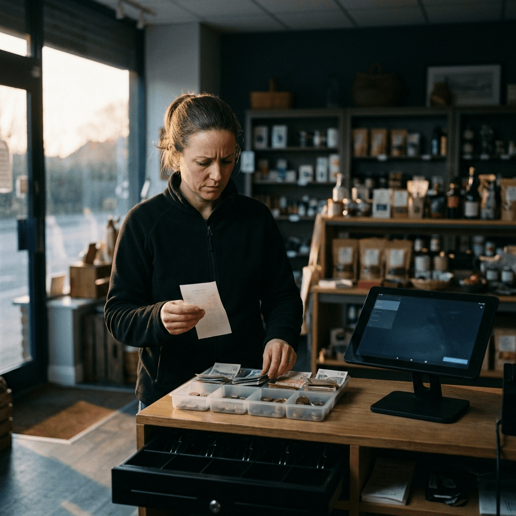 Cashier comparing the end-of-day report to counted bills over an open cash drawer that came up short at close