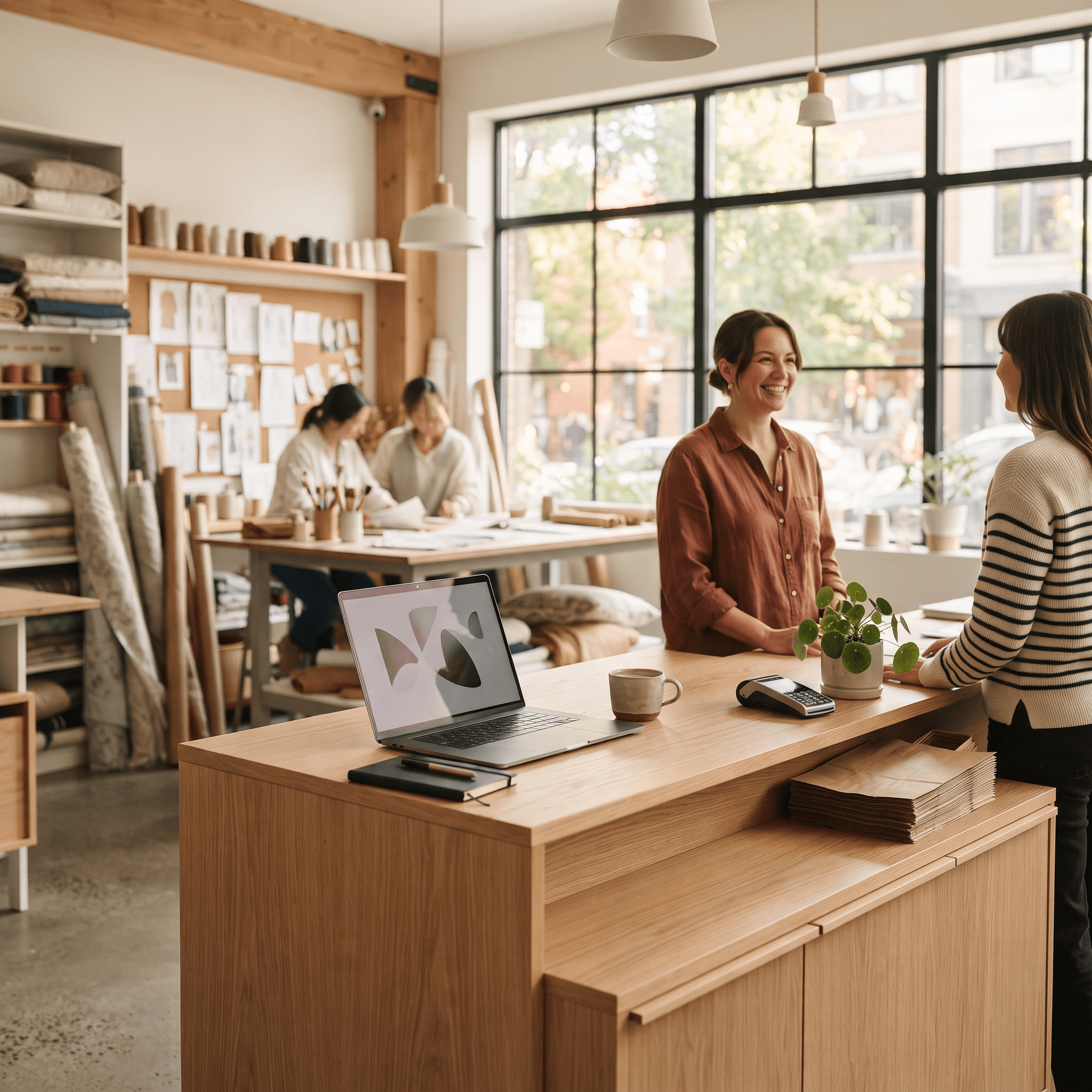 A studio workspace with a modern checkout counter at its center, representing Flow Studio, the prompt-based AI POS builder from Final POS