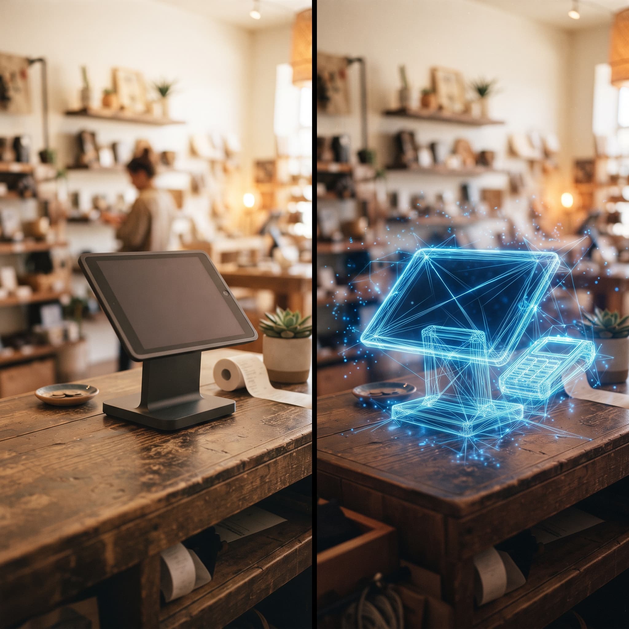 Ordinary tablet POS beside an identical checkout being assembled from glowing wireframe, illustrating a POS with AI versus a POS an AI can build