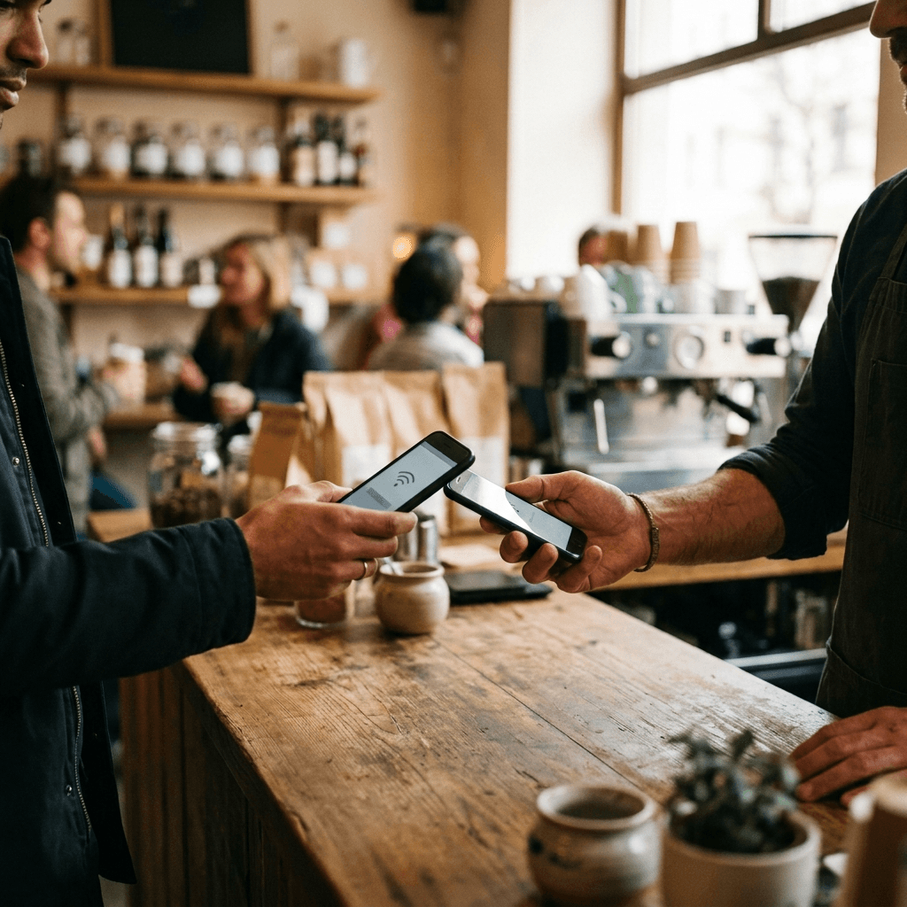 Customer tapping a phone against a merchant's phone to pay contactlessly — mobile tap payments vs Tap to Pay on mobile