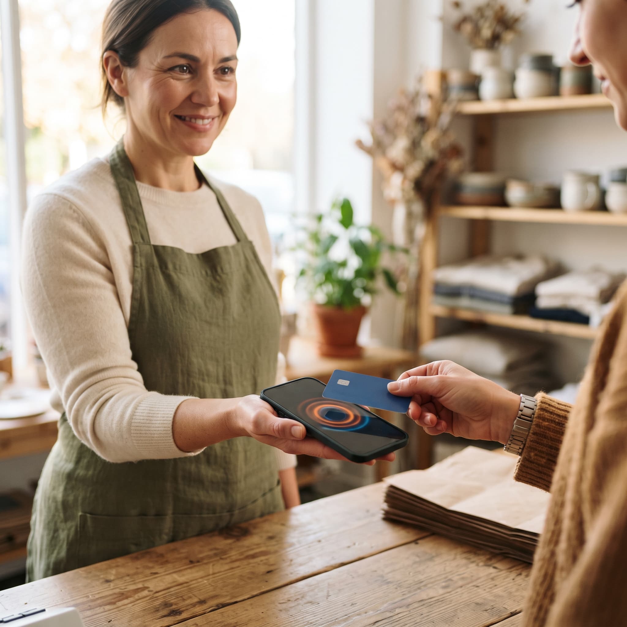 Customer tapping a contactless card on a merchant's smartphone, the goal when you build your own tap to pay app