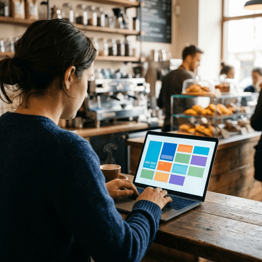 Merchant using Claude Fable 5 at a café counter to build a POS interface on a laptop
