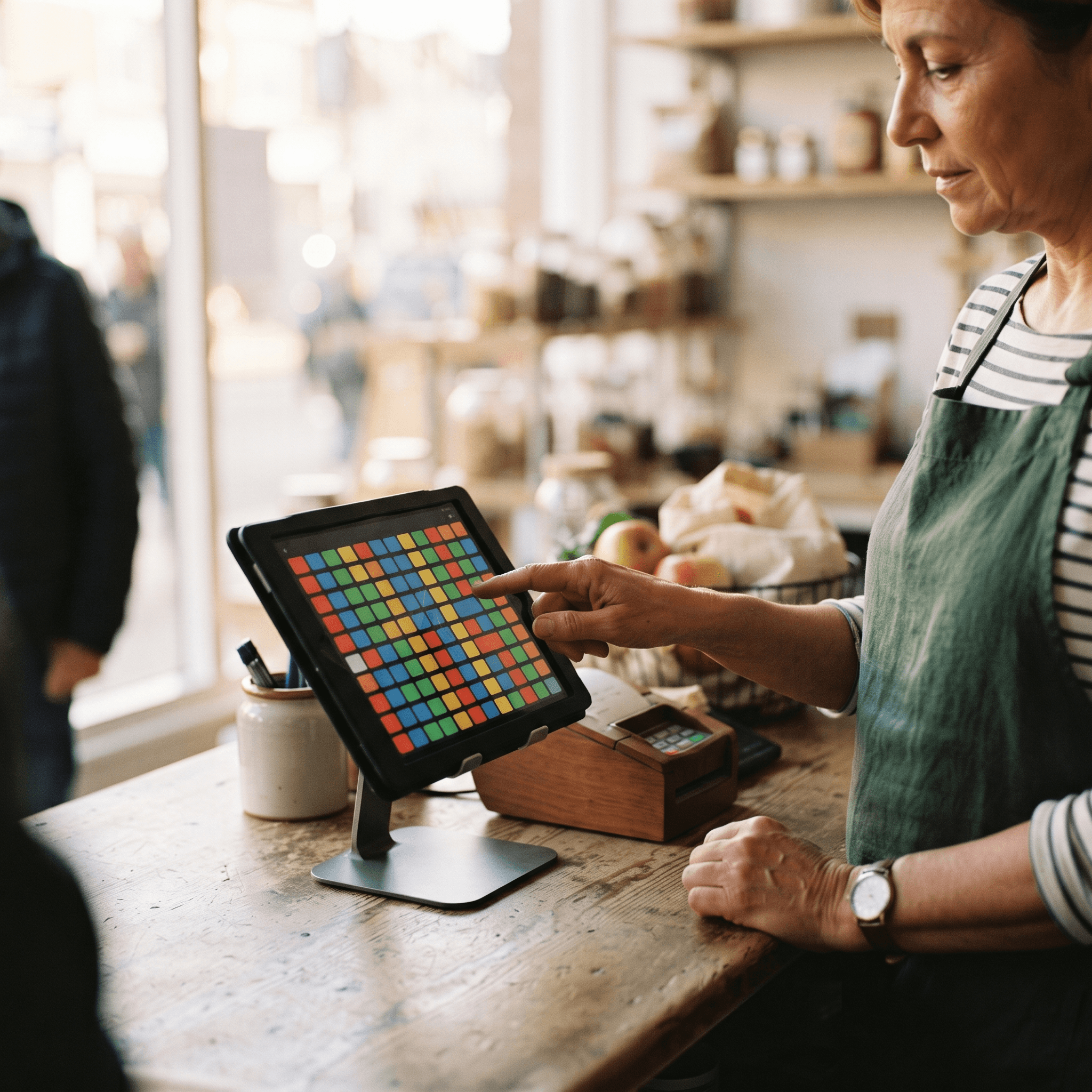 Shopkeeper's finger hovering over a cluttered tablet POS screen packed with buttons, deciding how to remove a feature from your POS