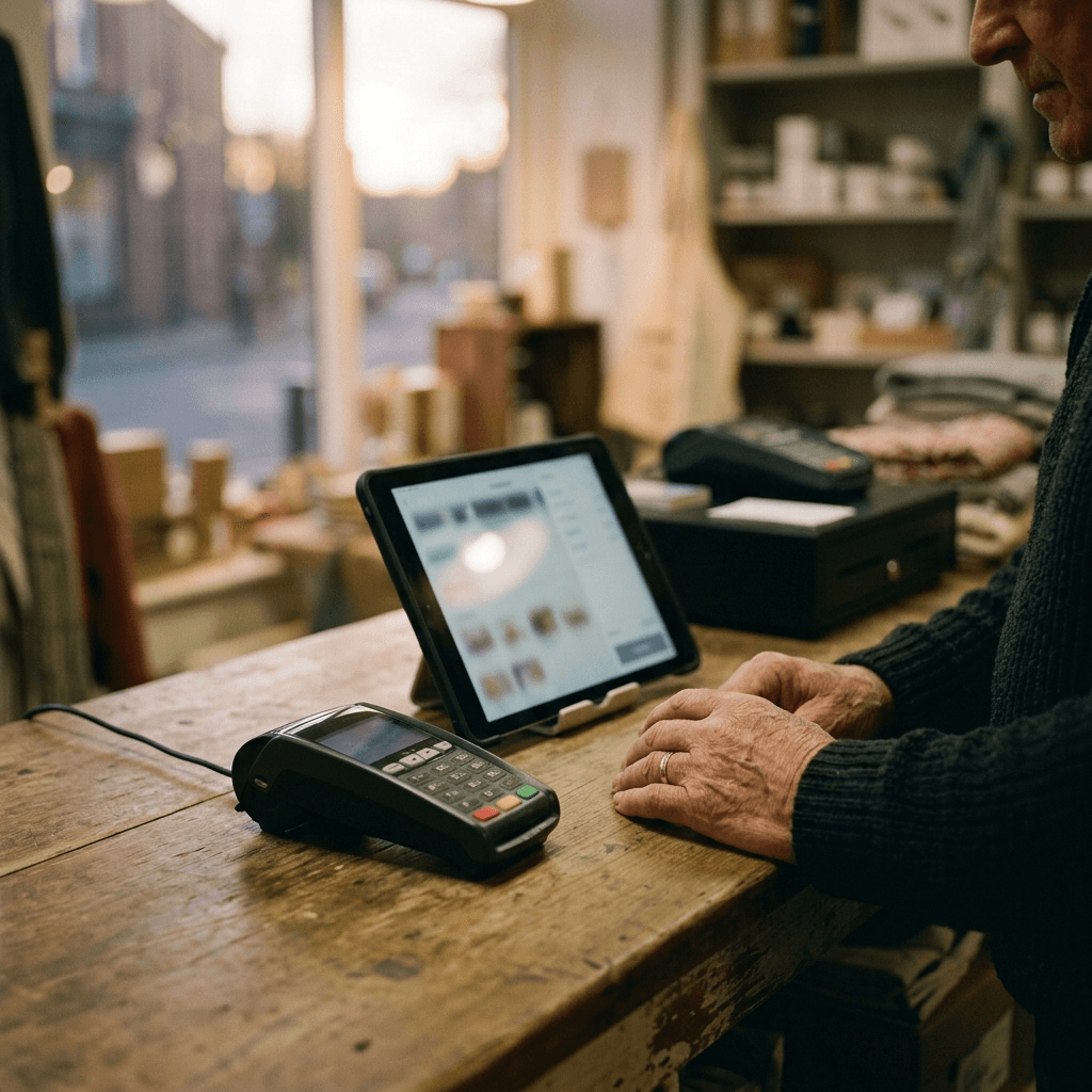 Shop counter with a card payment terminal and tablet checkout, illustrating who owns the compliance risk for payments