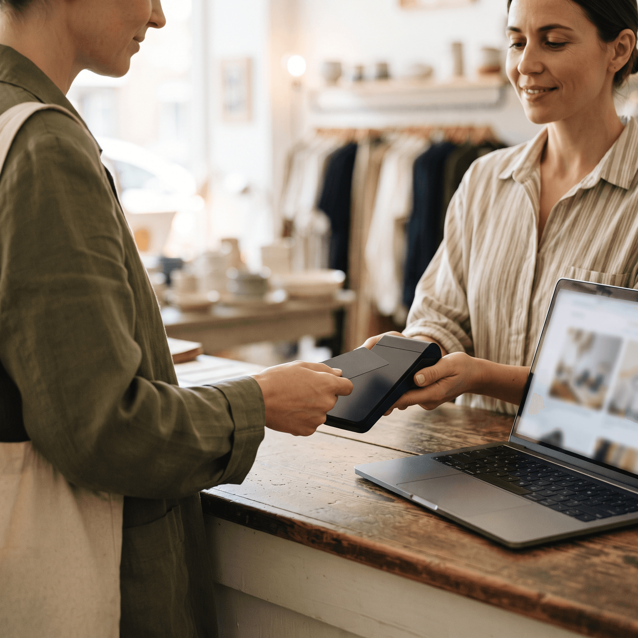 Customer tapping a card on an unbranded payment terminal at a boutique counter, showing how to accept in-person payments for WooCommerce stores