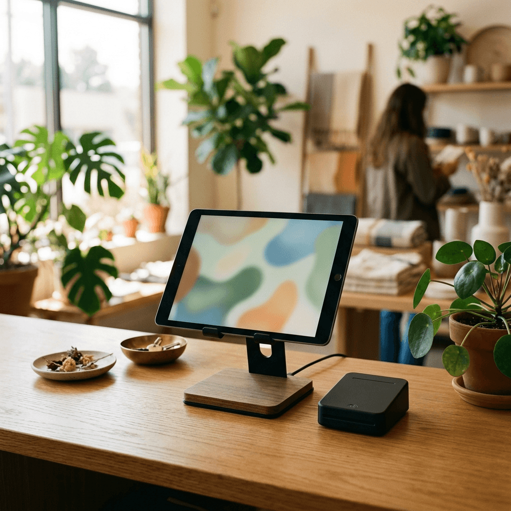 Custom checkout frontend on a tablet beside an unbranded card reader, illustrating headless POS architecture