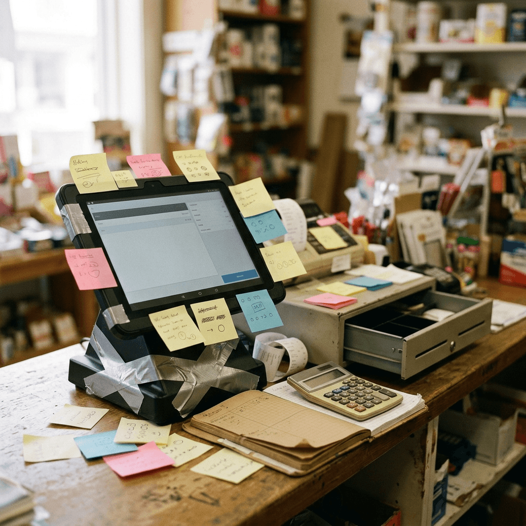 POS workarounds made visible: a shop counter tablet patched with duct tape and sticky notes