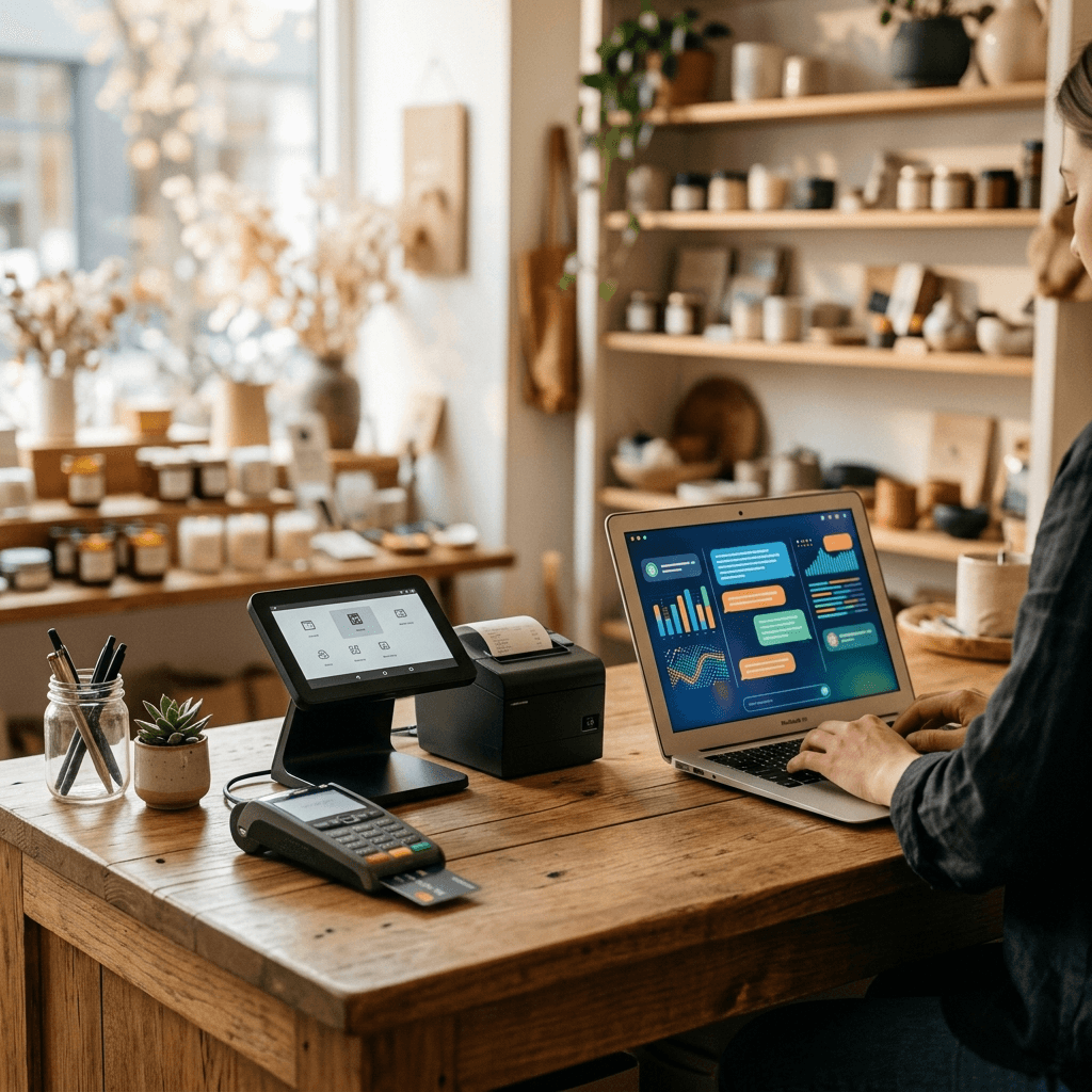 ChatGPT-5.6 building a custom point-of-sale — laptop with AI chat beside a POS terminal on a shop counter