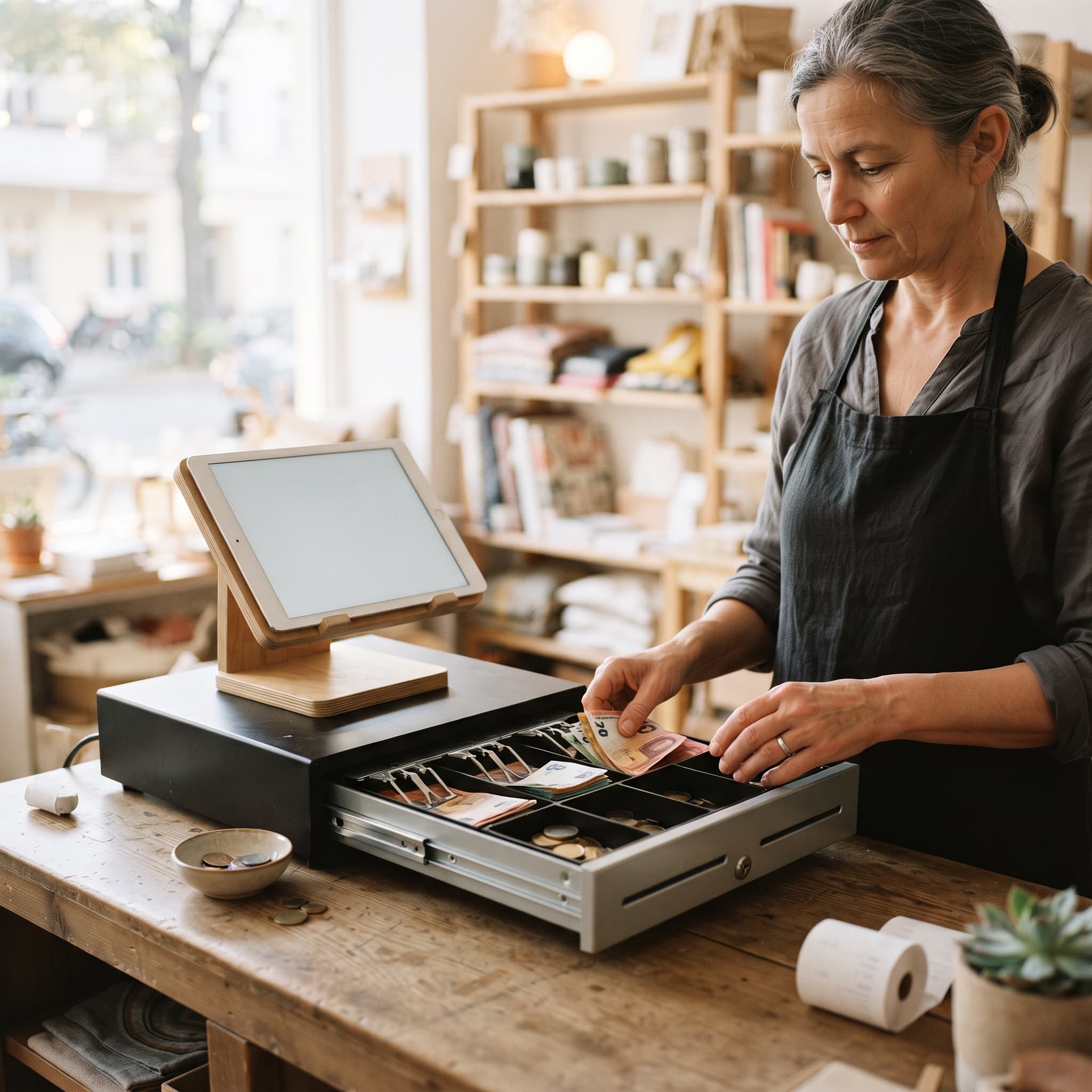 Shopkeeper setting the opening cash float in a drawer at the counter, the first step of cash drawer management