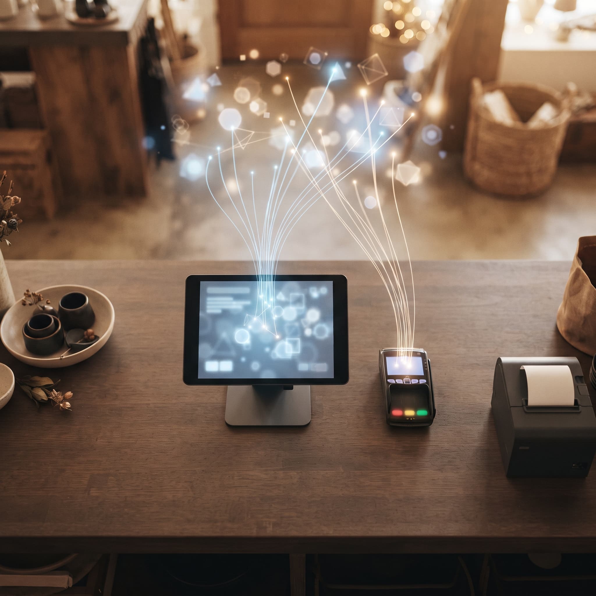 Retail checkout counter connected to AI agents through an MCP server, shown as light threads rising from a point of sale
