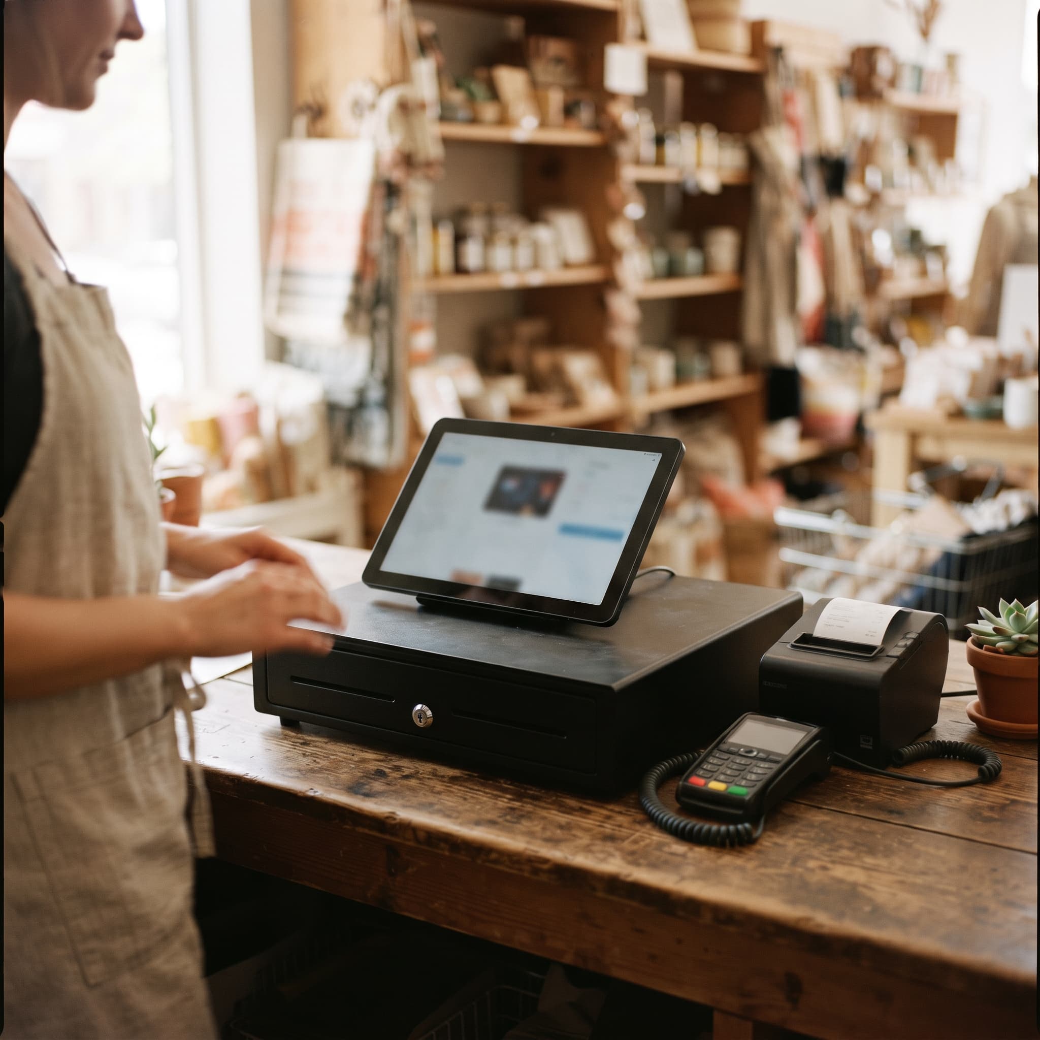 Checkout counter with the core POS hardware a new merchant learns first: terminal, card reader, receipt printer and cash drawer