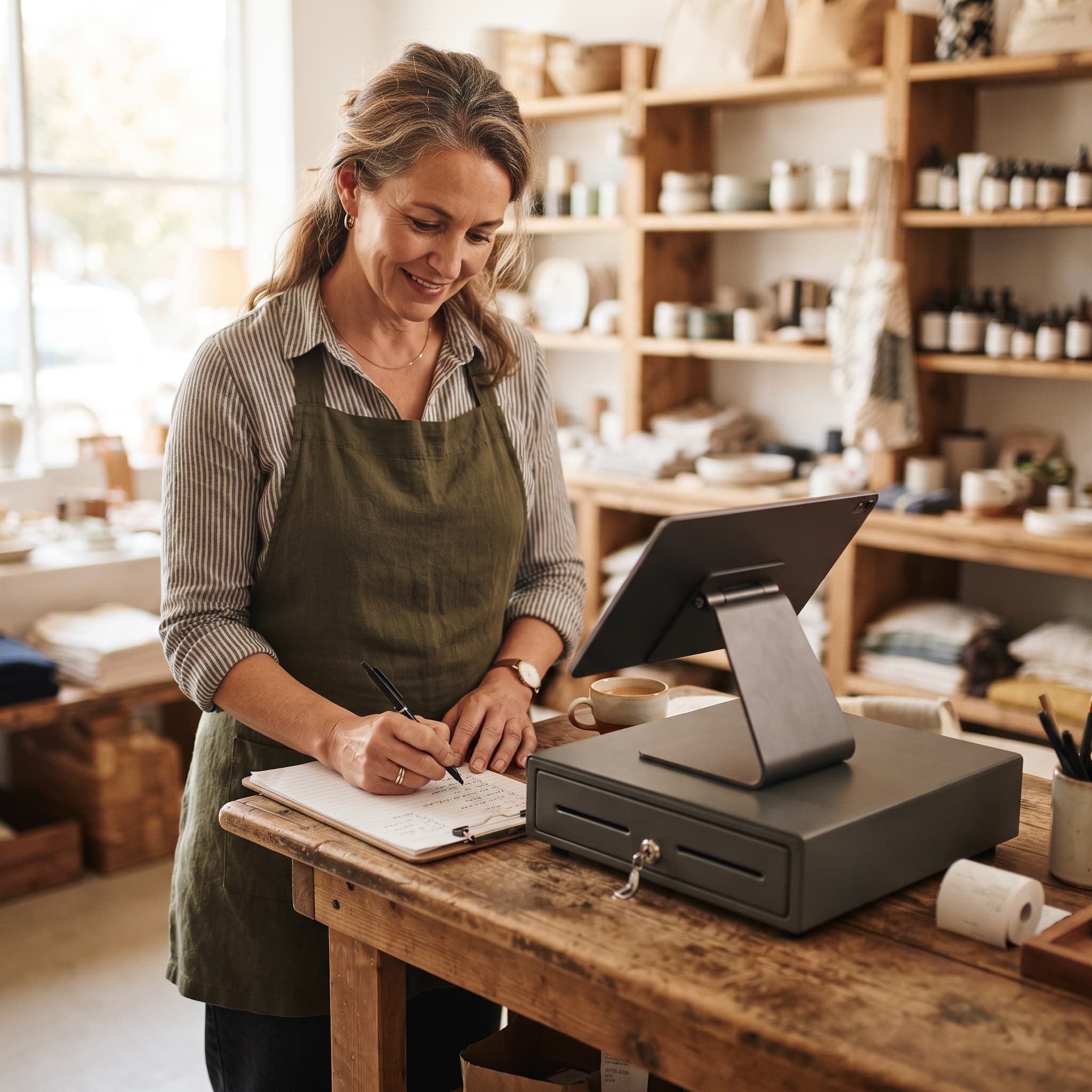 Shop owner working through a setup checklist at the counter during their first week on a new POS