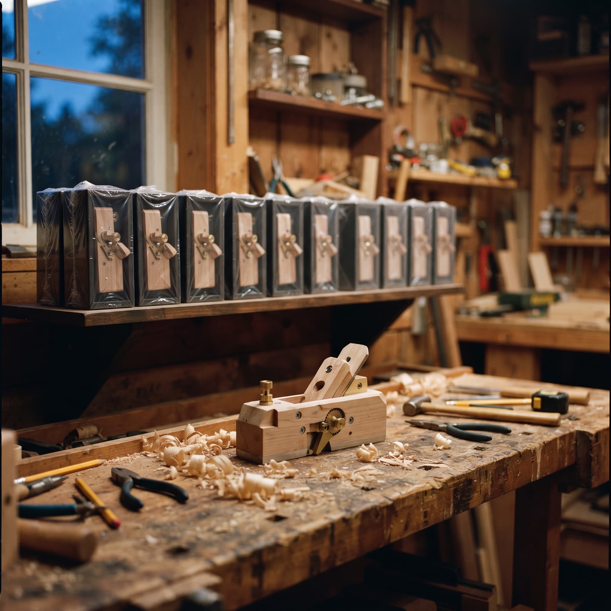 Hand-built tool on a workbench beside shrink-wrapped boxed products, illustrating software built in-house versus bought