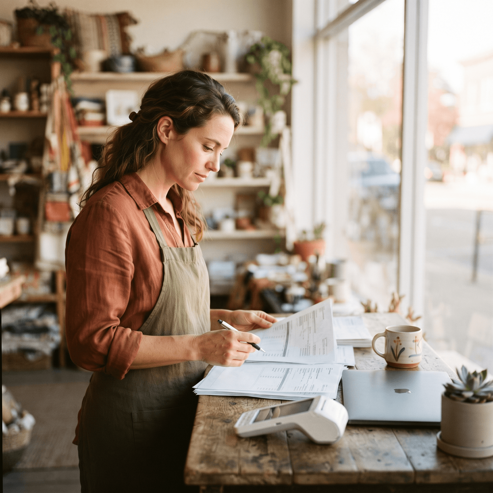 Small business owner reviewing monthly statements at her shop counter next to an unbranded payment terminal, weighing the real POS system cost in 2026