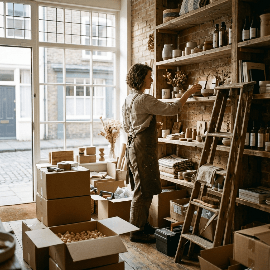 Shop owner setting up shelves during a low-budget store opening