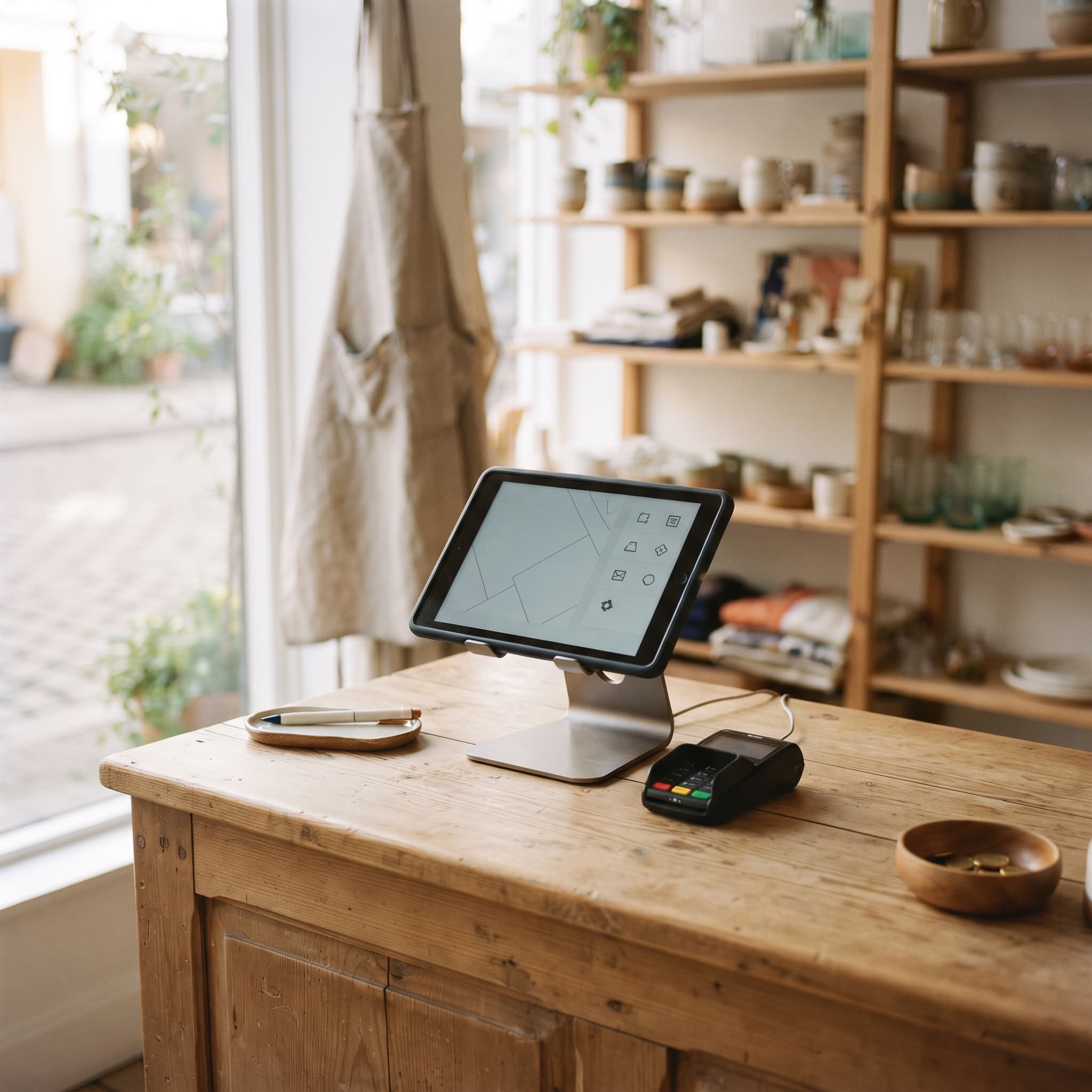 Small retail checkout counter running a single tablet point of sale after tool consolidation