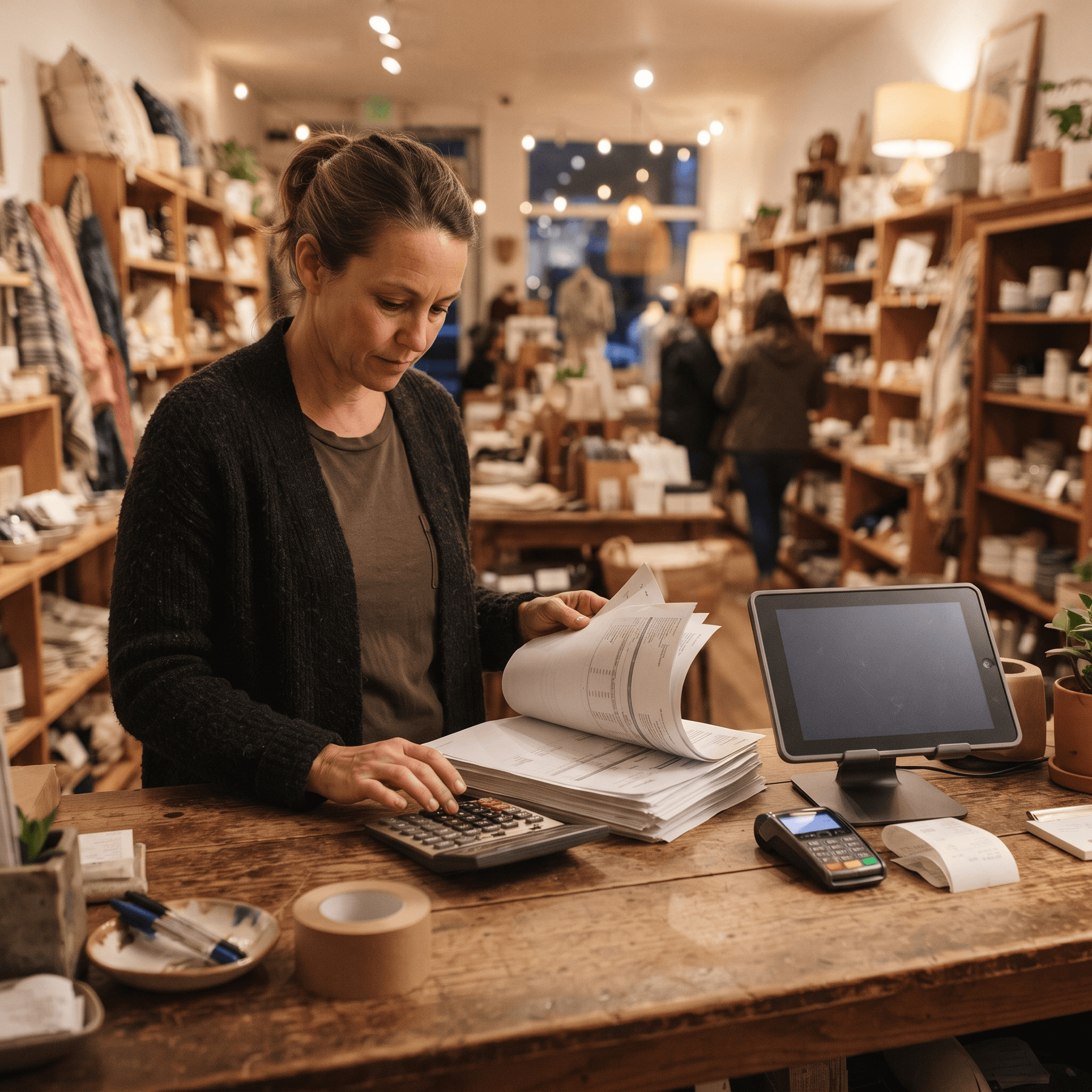 税計算手数料に気づき、タブレット POS の横のレジカウンターで月次利用明細を確認する店舗オーナー