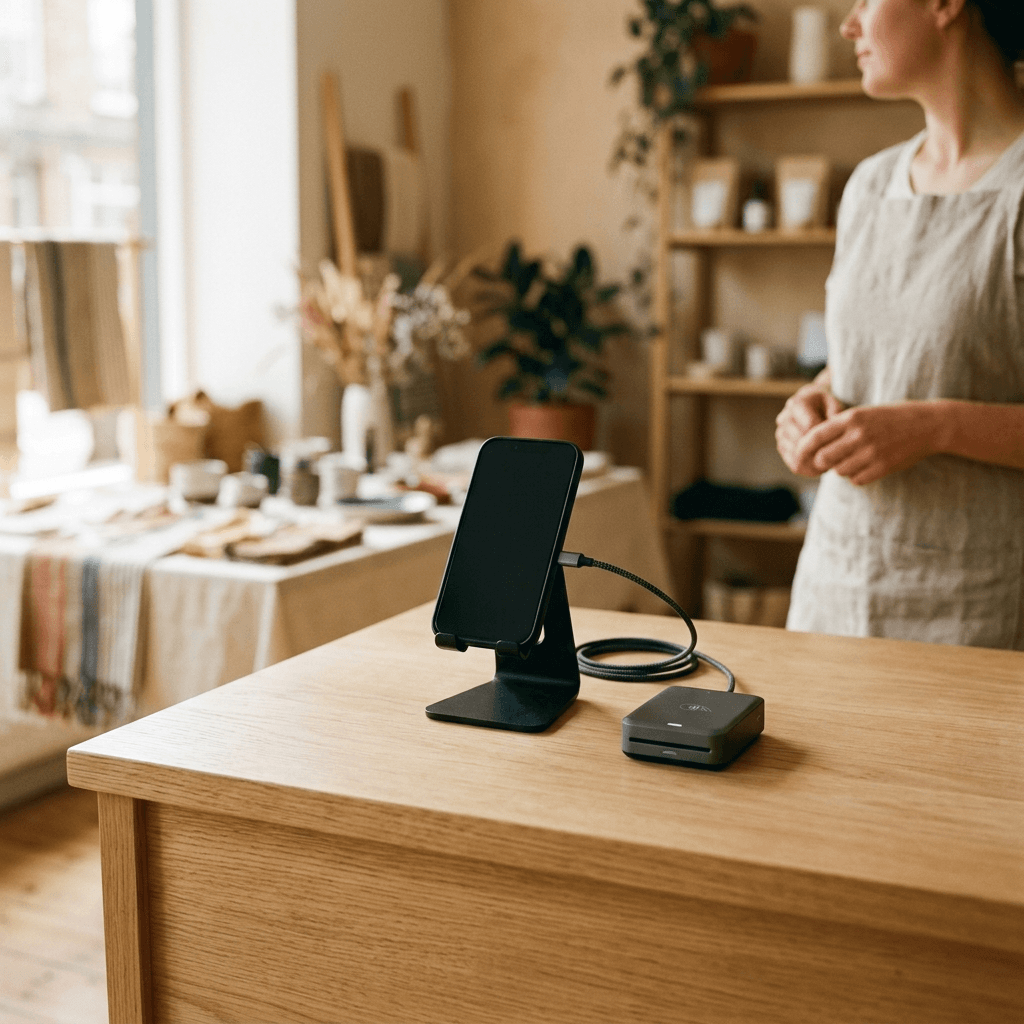 The minimal hardware kit for a first-time merchant: a phone as the register and a small card reader on a clean counter