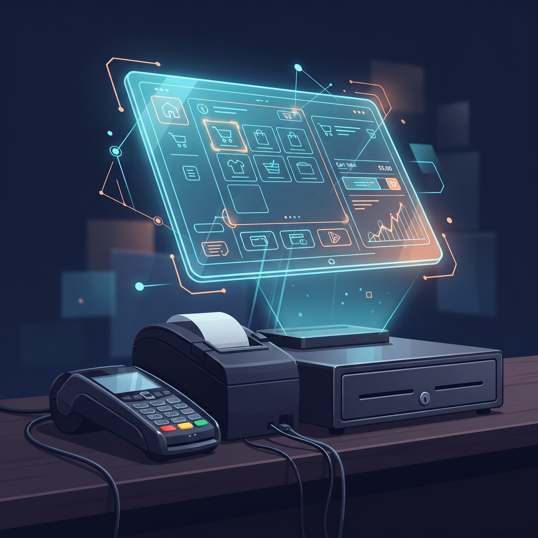 Holographic AI wireframe of a checkout screen hovering above disconnected physical POS hardware — card terminal, receipt printer, and cash drawer