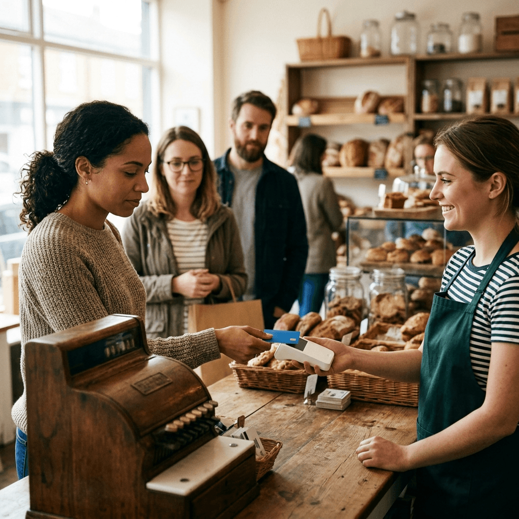 Checkout UX in action: a customer taps a card on an unbranded reader while a short line moves at a small shop