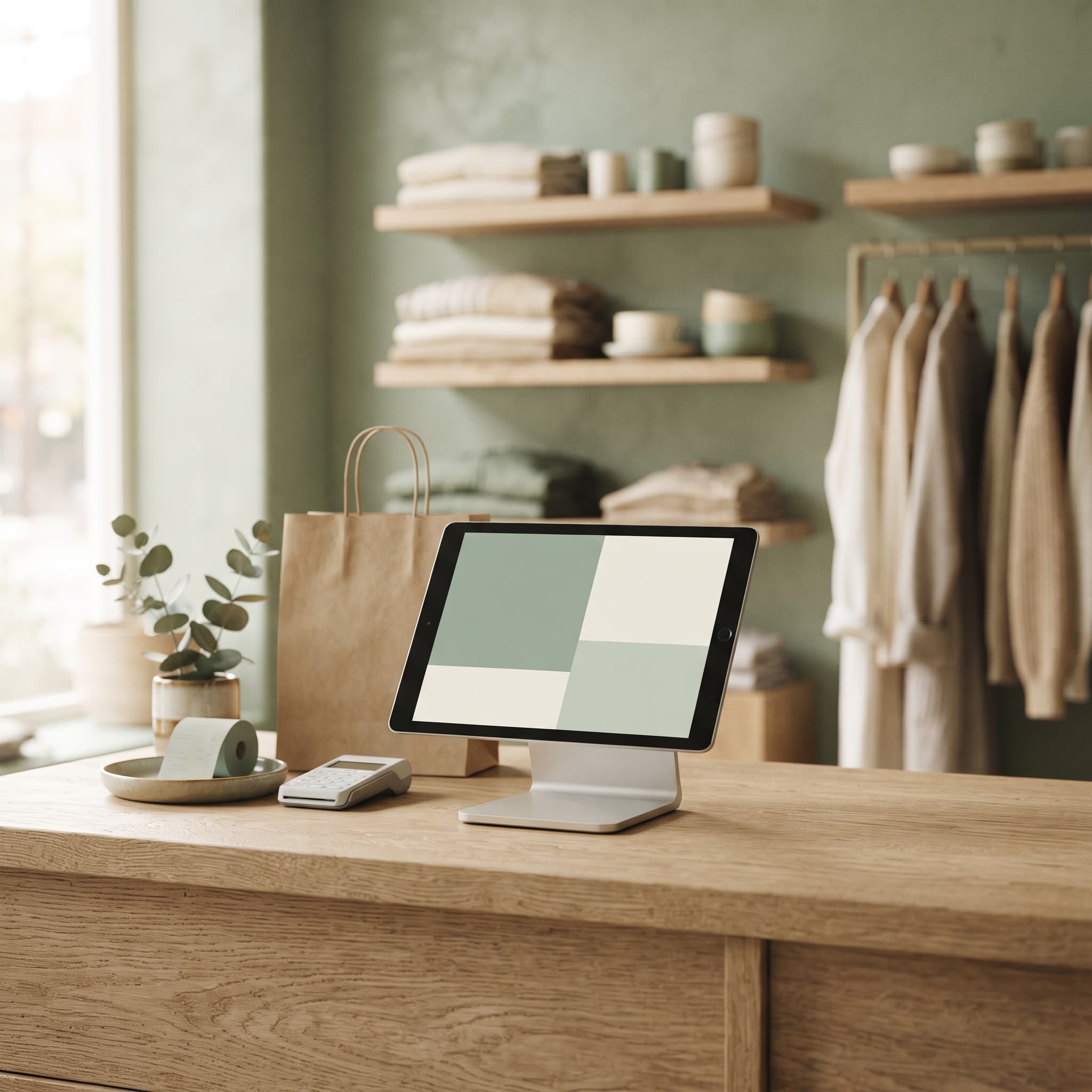 Boutique checkout counter with a tablet till whose screen colors match the store's brand palette, showing a brand-first POS layout